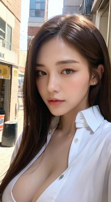 ((Best quality, 8k, Masterpiece :1.3)), Sharp focus :1.2, A pretty woman with perfect figure :1.4, Slender abs :1.2, ((Dark brown hair, Big breasts :1.2)), (White button up long shirt :1.1), City street:1.2, Highly detailed face and skin texture, Detailed eyes, Double eyelid