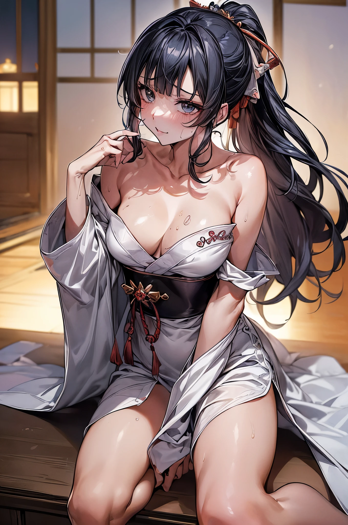 (nsfw),(Official art、Best Quality、Unity 8k Wallpapers、32K,masterpiece Best Quality, absurderes, Perfect Anatomy, Unity 8k Wallpapers,best cell anime), Detailed beautiful face and eyes,shoot from front,cowboy shot,(1woman,solo),18歳の美女、(((白色のマイクロビキニ着用:1.5))),(日本人、black hair,ponytail:1.2,long hair,blunt bangs,black eyes),恥ずかしげな表情、((小さい頭:1.2、skinny,medium breasts,sweat:1.2)),sitting,和室、日本家屋、