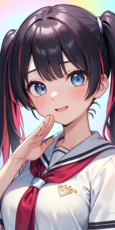 baby face, (colorful fluorescence multicolored  hair:1.5,short twintails:1.5), (masterpiece, sidelights, exquisite beautiful eyes: 1.5), masterpiece*portrait, realistic, ((Colorful background of different colors:1.5)),colorful,3D face,(cute face),front view: 1.6、 (glowing blue eyes),plump face:1.5,(tareme:1.5)、(laugh with your mouth wide open:1.2),()、Rosy Mouth,Slim Body, shiny hair, shiny skin: 1.5、medium breasts,、solo,(stand)、(high school girl,school uniform)、(charactor focus:1.5、portlate:1.5、eye focus:1.5,upper body),(salute)