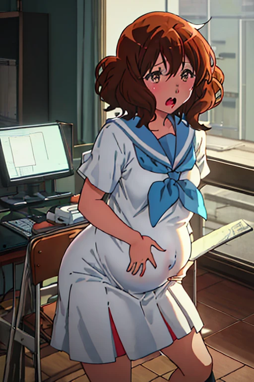 best quality, masterpiece, highres, solo, {oumae_kumiko_soundeuphonium:1.15}, brown_hair, short_hair, brown_eyes, blush, serafuku, bangs, closed_mouth, 1girl, shirt, open_mouth, white_shirt, looking_at_viewer, collarbone, instrument_case, night, she is having contractions, bend over and holding her belly trying to endure the pain ,anime Pregnant Belly, Pregnant belly, holding belly, in pain face, labor contractions sweating, in pain, very bend down, open mouth, >oo<, pain face, giving birth