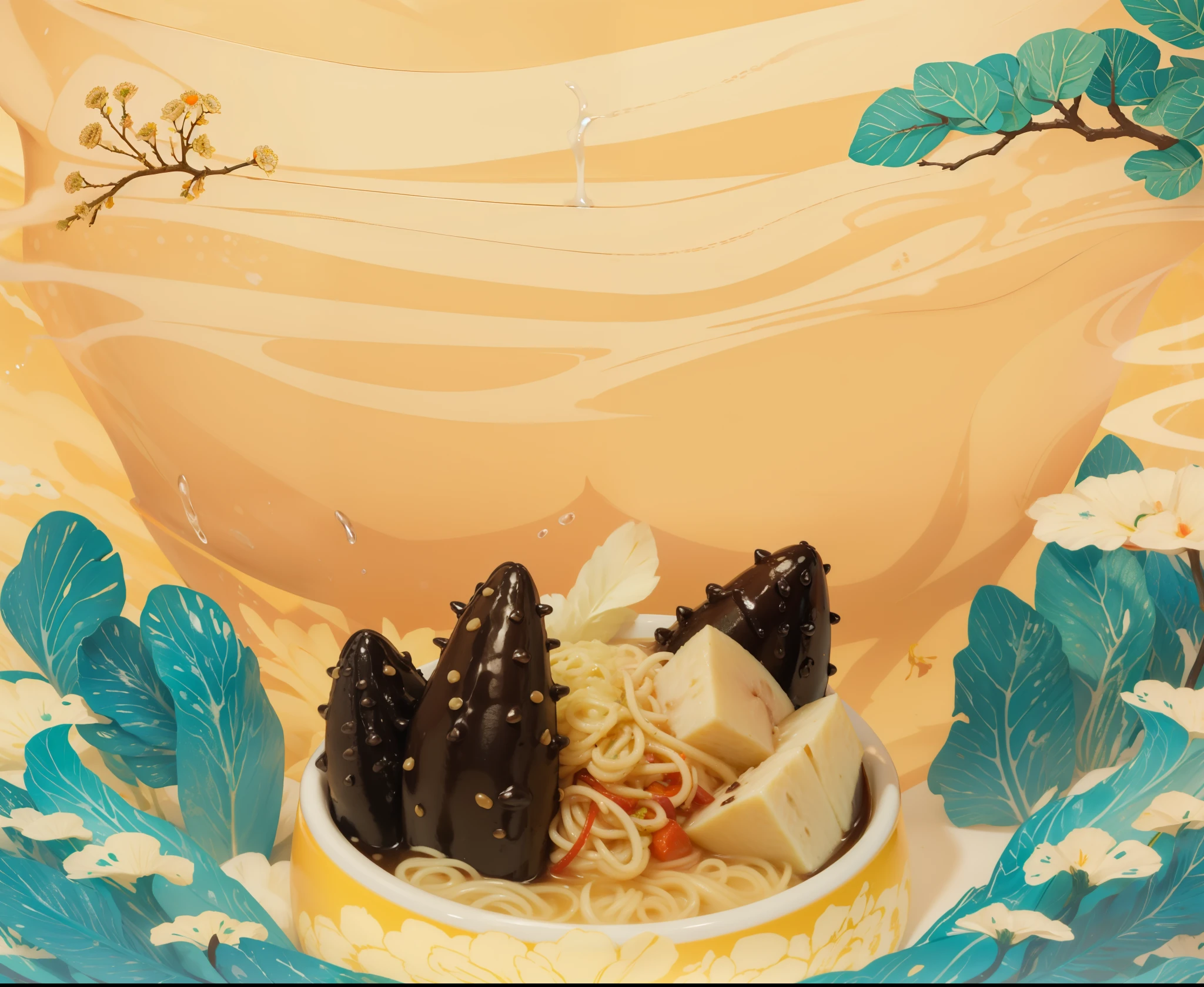 Xiangyun,Mountain,seawater,Ripe,There are thorny sea cucumbers in the big bowl|、abalone、carrot、Noodle、gourmet food、Soup,8k --s50