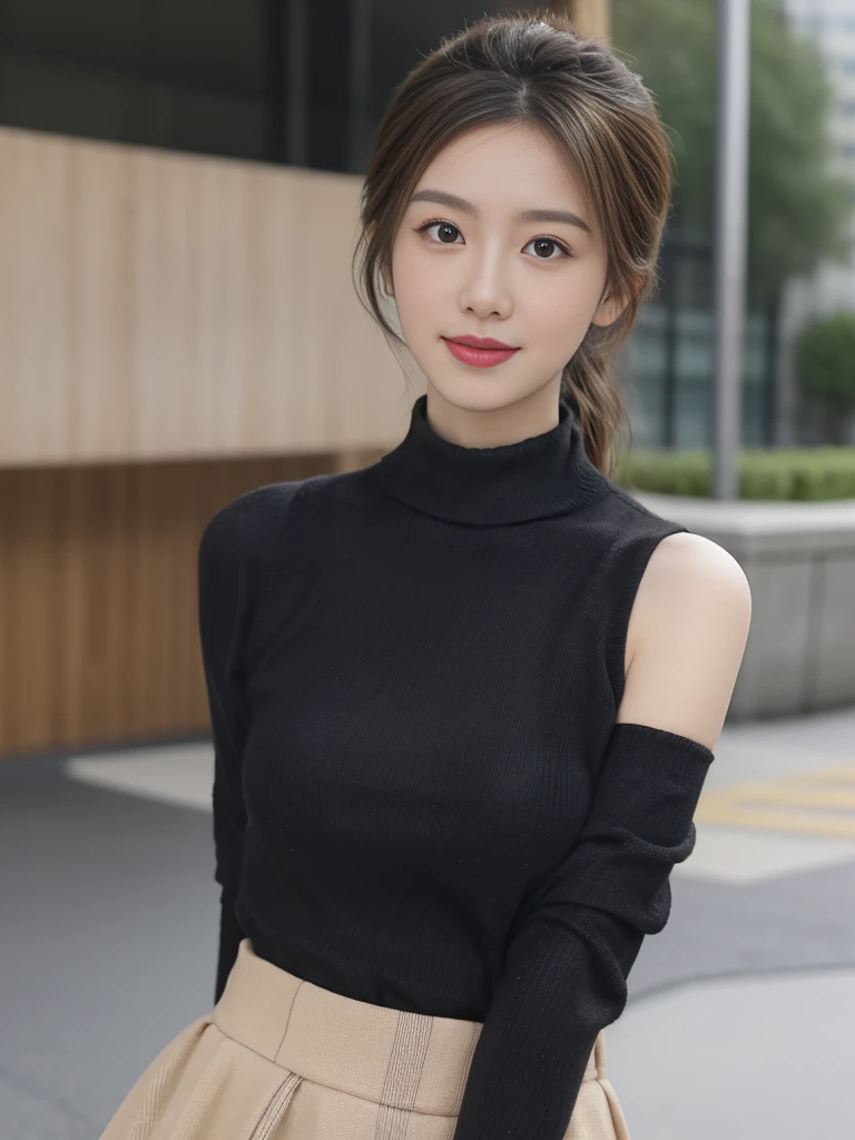 medium (shoulder-length:1.2) updo caramel hair, (masutepiece:1.1),(Best Quality), (Raw photo), (Beautiful Japan girl), (Cute face),
(hitornfreckles:0.6), Cute lips,
Dynamic lighting,
Provocative,
Happy,
In the park,
(Black turtleneck sweater and checked mini skirt),
(Photo collection of female college students),