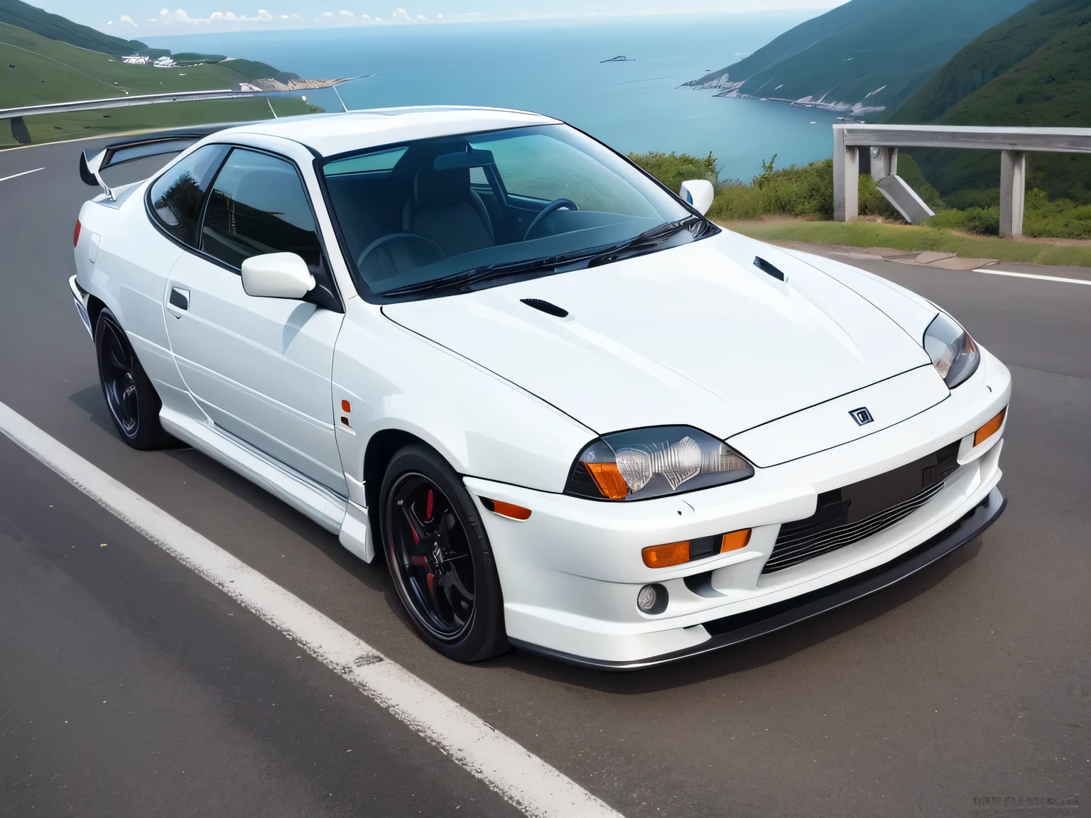 ultra high resolution、super high quality、8k、Wonderful expression with attention to detail、early summer coastline、A pure white sports car stopped at a mountain pass.Honda Integra 1600RS Sports Coupe