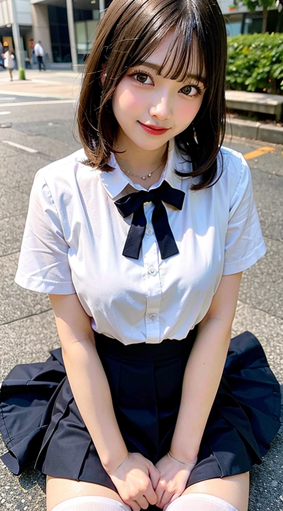 (8k, RAW photo:1.2),detailed face and eyes,最high quality, ultra high resolution, very detailed ,intricate details ,pieces fly ,pretty girl , Soft light like a movie, hyper detail,sharp focus, high quality,chest comes out,bob cut,black haired,NSFW, smile, zettai ryouiki, skirt, sit on a chair, spread your legs, show panties、student、panty shot