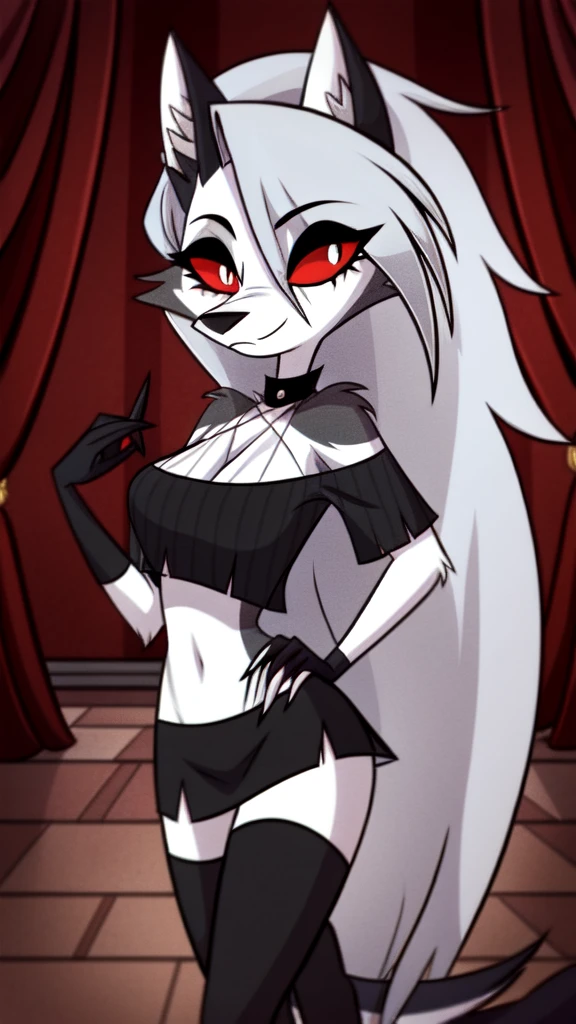 (Vivziepop style), anthro, canid, canid demon, demon, female, hellhound, helluva boss, instagram, (loona), mammal, midriff, official art, red sclera, safe content, shoulderless shirt, solo, long grey hair, (by vivzmind), sexy naked, bare breasts, small tits, black stockings, long black gloves