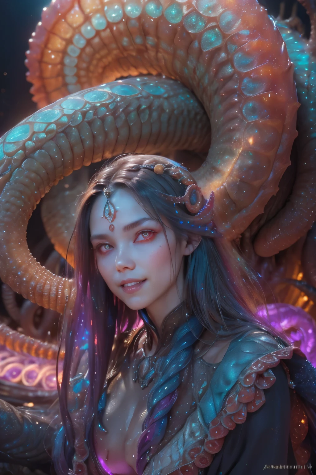scary and sexy detailed art in color, Portrait, (beautiful and obscene female alien:1.4), (vulgarity1.5), (she has red eyes with no pupils:1.8), (Translucent skin:1.7), (There is a female genital-like organ in the middle of the forehead:1.9), (The most beautiful face in the history of the universe:1.2),an evil gaze that seduces, (large mouth:1.1), (sharp teeth like a vampire:1.2), Full body portrait, (bio luminescent:1.5), (Smile wickedly:1.3), (sexypose:1.5), alien, No humans, cells are fused, (Lots of translucent tentacles:1.3) extraterrestrial, cell, bio image, best quality, 8K,In 4K_quality, High freshness, Dramatic Lighting, masutepiece:1.5,cinematic quality, detail up, (exquisite details:1.2), high resolution, High freshness, drawing faithfully, (Thick eyebrows:1.2), Beautiful eyes with fine symmetry,(Highly detailed face and eyes:1.2), Intimate face, (Super detailed skin quality feeling:1.4), perfect anatomy, (Beautiful toned body:1.5), (Moist skin:1.2), not wearing makeup, (dark circles:1.1), long canines, cinematic drawing of characters, ultra high quality model, cinematic quality, detail up, (exquisite details:1.2), high resolution, High freshness, drawing faithfully, official art, Unity 8K Wall , 8K Portrait, best quality, Very high resolution, ultra detailed artistic photography, midnight aura, unreal engine 5, Ultra Sharp Focus, art by Amano Yoshitaka, ArtGerm, Roisch, intricate artwork, best quality, masterpiece, ultra high resolution, (photos realistic:1.4), ultra realistic realism, dream-like, nautilus, Creation of fantasy, Snail, Dream Snail, (biopunk nautilus:1.3),Thrilling color schemes, ultra realistic realism, seductively smiling, Blue tentacles,