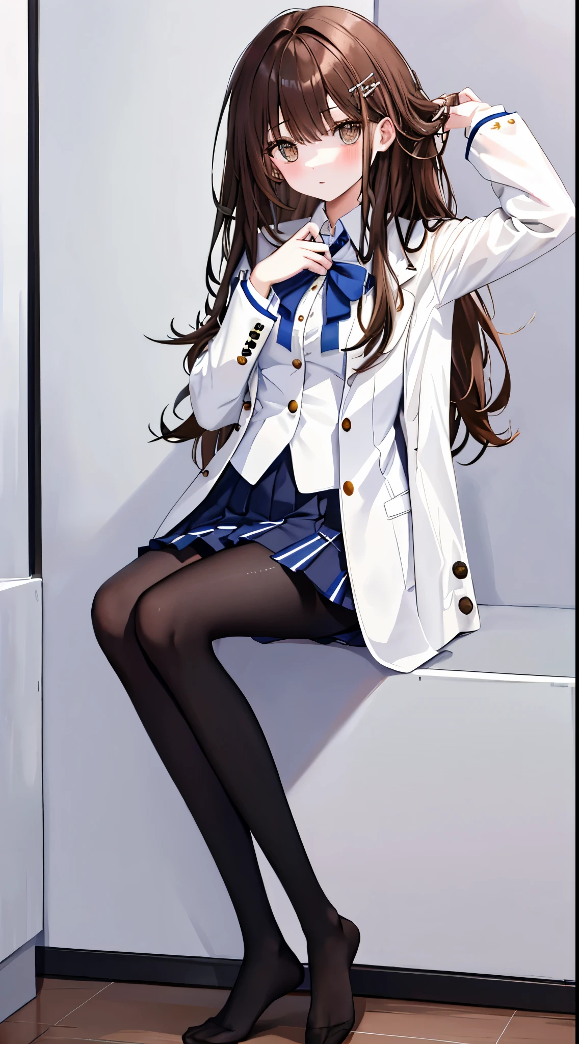 finest, masterpiece, High resolution, (full body), front, symmetrical, Mature tall high school girl, alone, (full body from head to toe), small breasts, long hair, slightly messy hair, (black tight track pantyhose), black pantyhose, composition showing white panties, slender beautiful legs, A very beautiful and tall  girl, ((not wearing shoes)) , shy big eyes, ( (brown hair)), (bangs), messy hair, (hair clip), looking at camera, showing white panties, white ruffle lingerie, high school uniform blazer, high school uniform white blouse, High school uniform with blue ribbon, high school uniform with 短い plaid pattern and navy pleated skirt