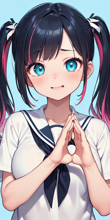 baby face, (colorful fluorescence multicolored hair:1.5,short twintails:1.5), (masterpiece, sidelights, exquisite beautiful eyes: 1.5), masterpiece*portrait, realistic, ((Colorful background of different colors:1.5)),colorful,3D face,(cute face),front view: 1.6、 (glowing blue eyes),plump face:1.5,(tareme:1.5)、(laugh with your mouth wide open:1.2),()、Rosy Mouth,Slim Body, shiny hair, shiny skin: 1.5、medium breasts,、solo,(stand)、(high school girl,school uniform)、(charactor focus:1.5、portlate:1.5、eye focus:1.5,upper body),(heart hands)
