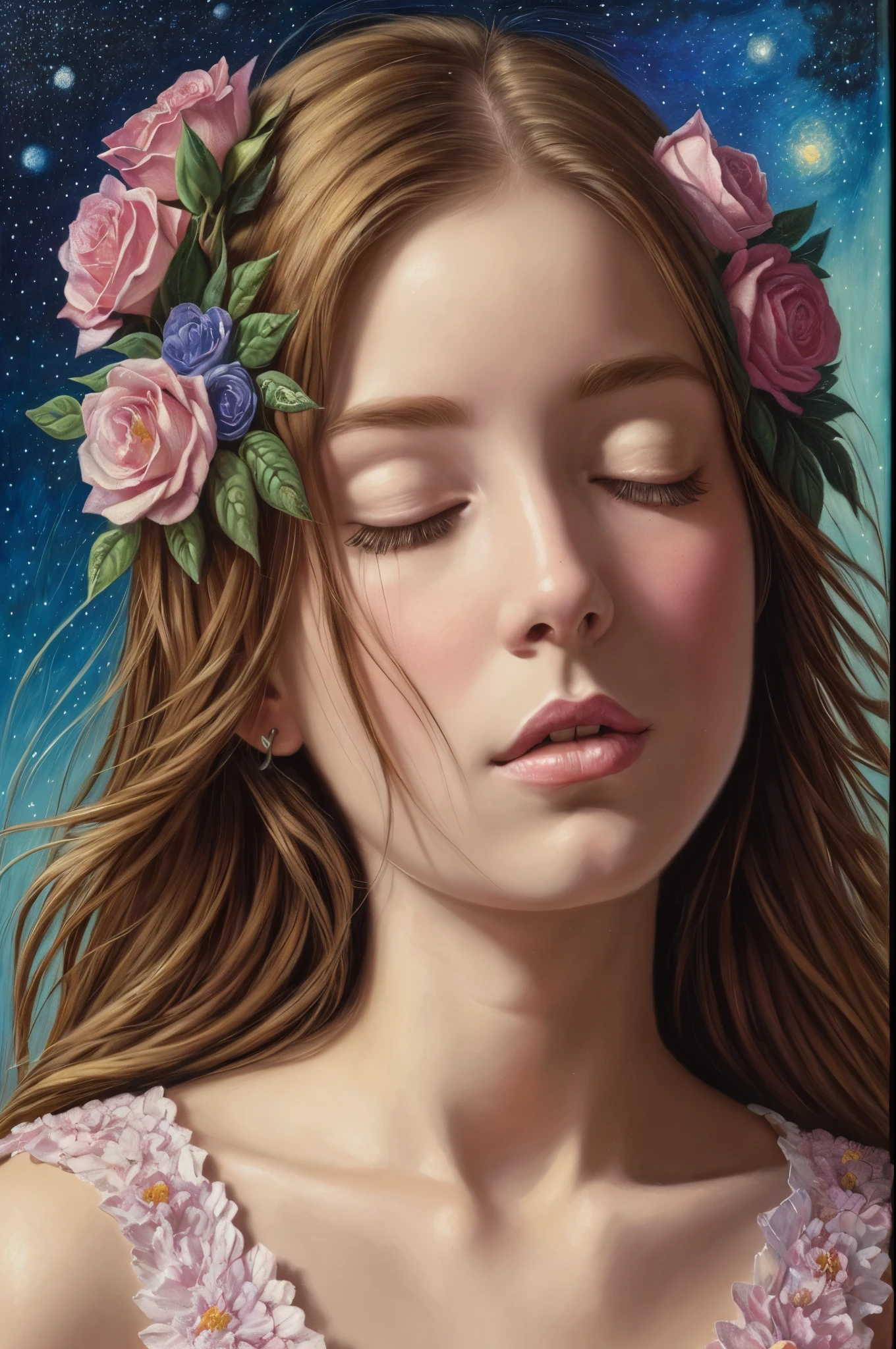 (best quality, Masterpiece:1,1)Sleepy girl with flowers under starry sky, hyperrealism ((style by Johfra-Bosschart)), (surrealism oil painting), Detailed illustration, very colorful, grotesque, Intricate details, tempering, (aesthetics), excitement, hyper-realistic, insanely detailed