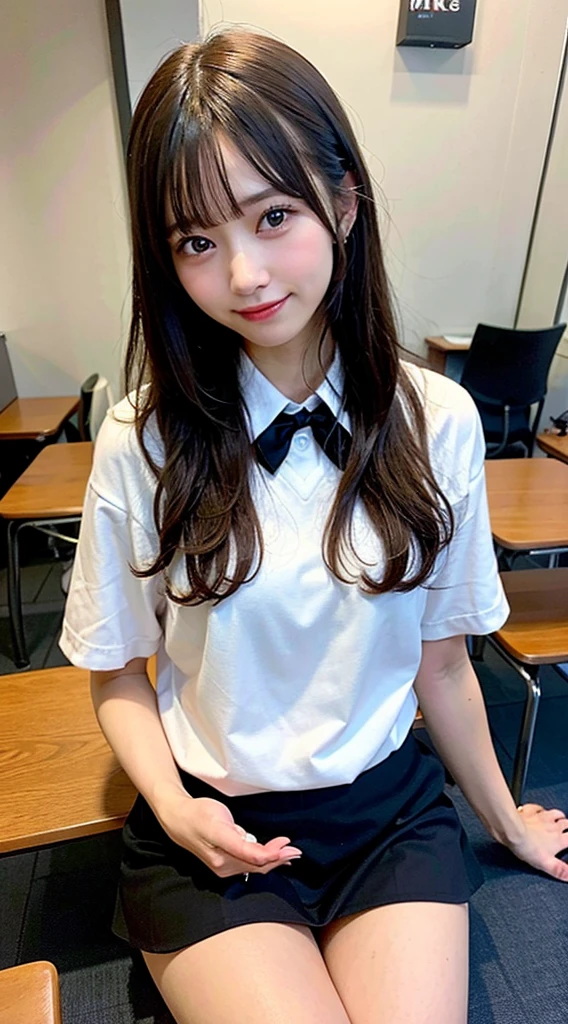 Photo of a beautiful Japanese  woman sitting on chair in class room,,after school,spread  legs ,Lift up your skirt and show your panties,スカートをたくし上げる