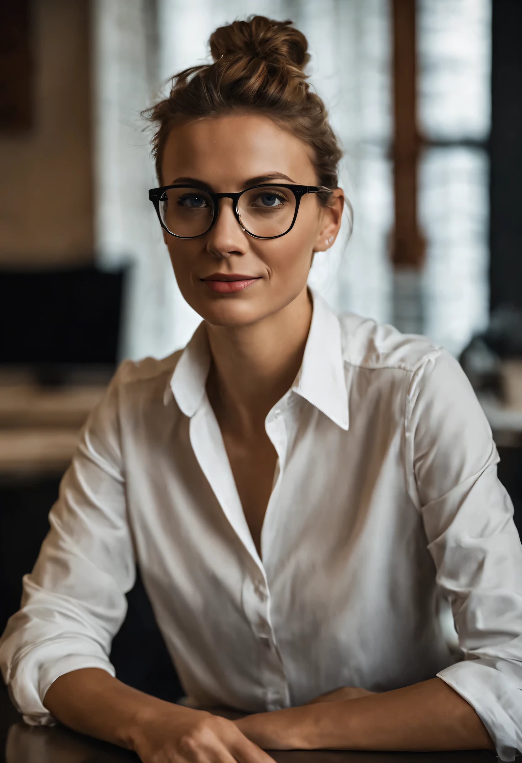 RAW photo, 29 year old russian woman wearing white business shirt with dark jacket, smirk, messy bun, glasses, slim body, at home, designer, holding a laptop, detailed face, blue eyes, standing full-frontal, Full-length, Body and head directly in the photo, dark black background image, elegant and elegant, facing the viewer of the photo, Eyes fixed on the lens, The shoulders and head appear in the photo, shallow depth of field, (high detailed skin:1.2), 8k uhd, dslr, soft lighting, high quality, film grain, 20mp, Fujifilm XT3, 80mm, hasselblad, Talking, making a talking gesture, hands in the air, giving instruction with his finder up in the air.