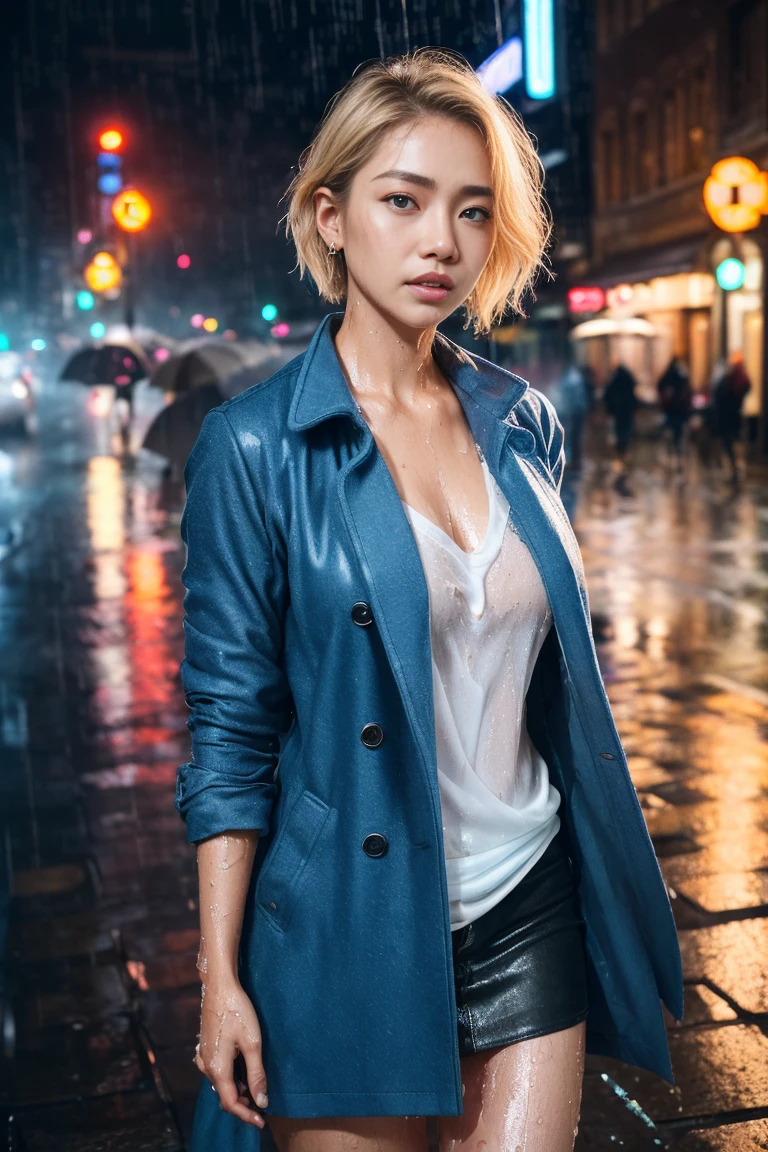 Young Korean Woman standing,  ((on city street)),  ((fully clothed)), ((overcoat)), ((v neck t shirt)),((barefoot)), black miniskirt, blonde short hair, slim build,jewelry, large earrings, late night, detailed background, dark, busy street, cinematic, neon light, masterpiece,  best quality, RAW photo, up close, zoomed in,  photorealistic, ((looking at viewer)), see through,dripping wet, beautiful realistic photo, hyperrealistic fantasy photo,  close up, tight frame, 8k, ultra detailed, detailed skin, blue eyes, freckles, ((drenched)), ((soaked)), (dripping water), sagging clothes, wet street, wet all over, wet dripping hair, pov, (posing for photo) portrait, close-up, bottom angle, mist, ((heavy raity rain)), rain on face, wet face
