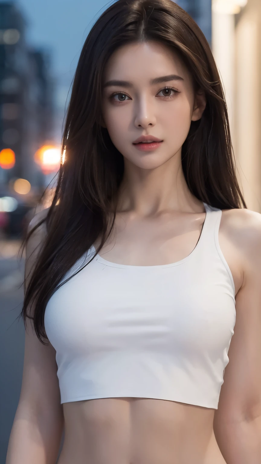 ((Realistic lighting, best quality, 8k, masterpiece: 1.3)), clear focus: 1.2, 1 girl, Perfect body: 1.4, slim abs: 1.1, ((dark brown hair)), (white crop top: 1.4), (outdoor, night: 1.1), city street, The face super delicate, Eyes are beautiful, double eyelids,