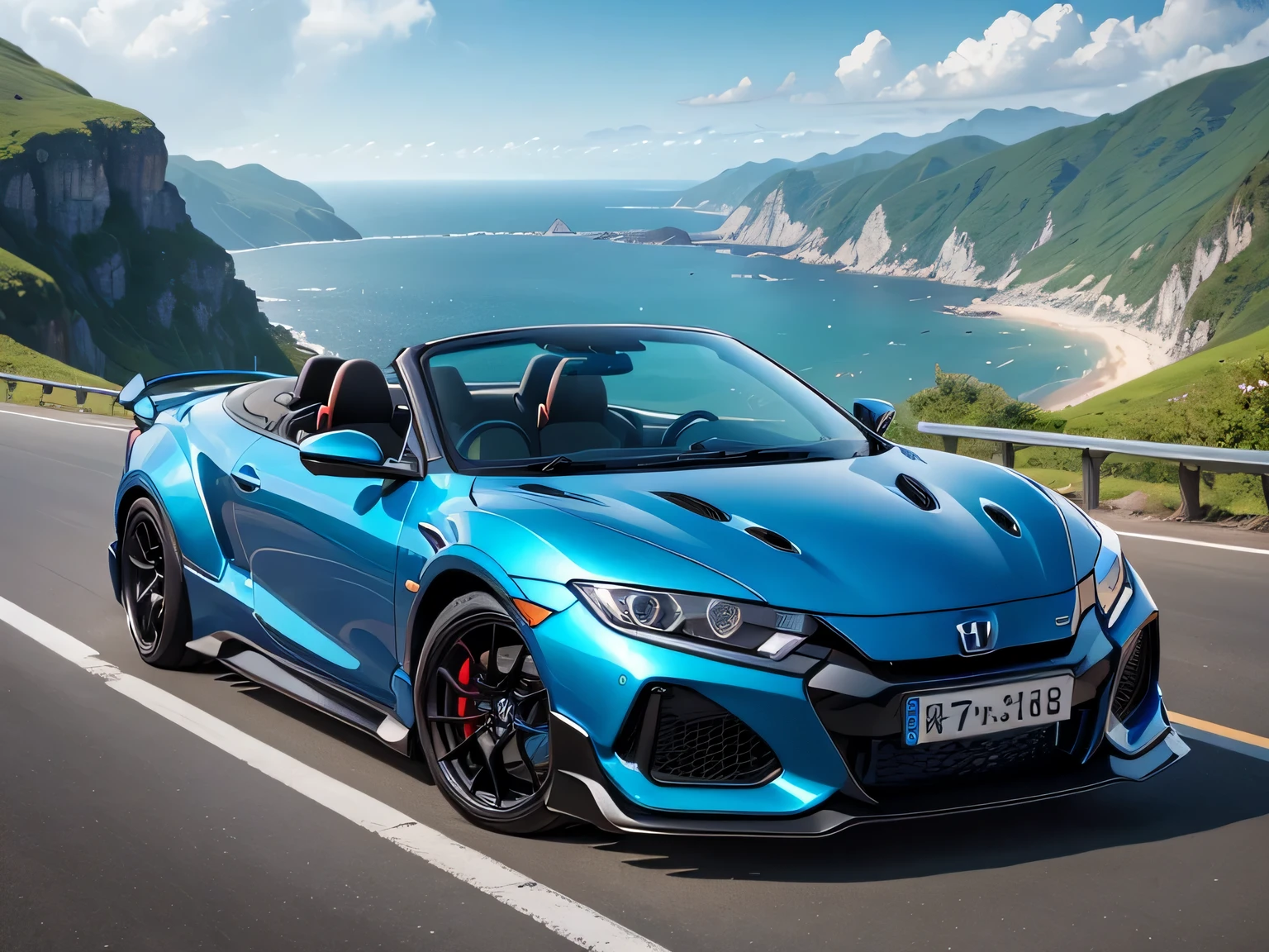 ultra high resolution、super high quality、8k、Wonderful expression with attention to detail、early summer coastline、A blue sports car stopped at a mountain pass、Honda CR-X 1600RS Convertible