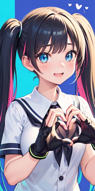 , (colorful fluorescence multicolored hair:1.5,short twintails:1.5), (masterpiece, sidelights, exquisite beautiful eyes: 1.5), masterpieceportrait, realistic, ((Colorful background of different colors:1.5)),colorful,3D face,(cute face),front view: 1.6、 (glowing blue eyes),plump face:1.5,(tareme:1.5)、(laugh with your mouth wide open:1.2),()、Rosy Mouth,Slim Body, shiny hair, shiny skin: 1.5、medium breasts,、solo,(stand)、(high school girl,school uniform)、(charactor focus:1.5、portlate:1.5、eye focus:1.5,upper body),(heart hands:1.5)