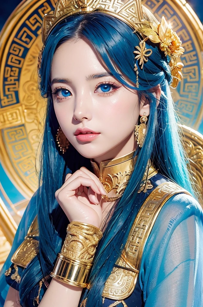 Hermosa Diosa Athena, senos grandes, hermosos y grandes pechos, Greek mythological goddess Athena, Ojos Azules , colores vividos brillantes, armadura de oro