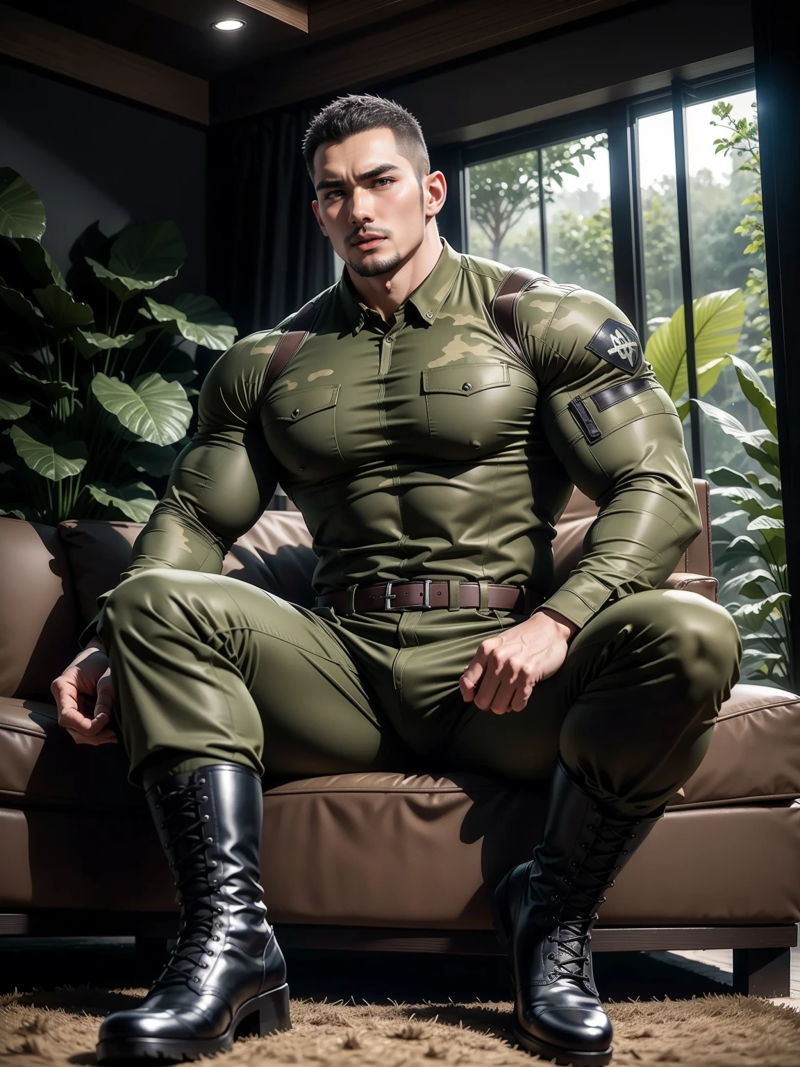 Tall giant muscular man with his mouth open and screaming sitting in the jungle，Dark brown camouflage military uniform，role conception（Resident Evil - chris redfield，chris redfield）His hairstyle  a crew cut，身穿Dark brown camouflage military uniform，matte texture，Soft and comfortable sofa，Sitting in the eerie sugar cane jungle, The body  wrapped in thick rattan，Sad expression，Deep and charming eyes，Sapphire eye male protagonist，heroic male pose，Tall and burly，muscular！Charming leg muscles，High, muscular, Heqiang， 身穿Dark brown camouflage military uniform， Super gain and cool， high resolution committee， Big feet in black boots，Charming strong man，The bright sunshine shines on you，Matte particles with shiny texture