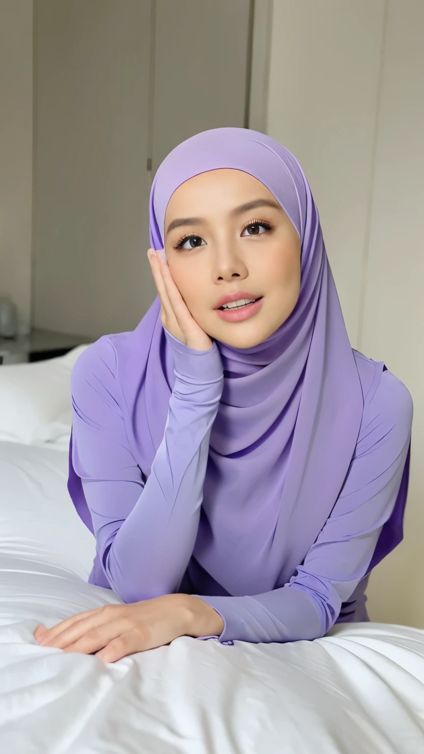 ((Realistic lighting, Best quality, 8K, Masterpiece: 1.3)), Clear focus: 1.2, 1 malay girl, Perfect body beauty: 1.4, Slim abs: 1.1, ((light purple hijab, Big breasts: 1.3)), (Wearing ultra-thin light purple transparent underwear: 1.4, light purple stockings: 1.2,), (Outdoor, night: 1.1), City streets, Super fine face, fine eyes, double eyelids, hands on the head, lying on the bed.