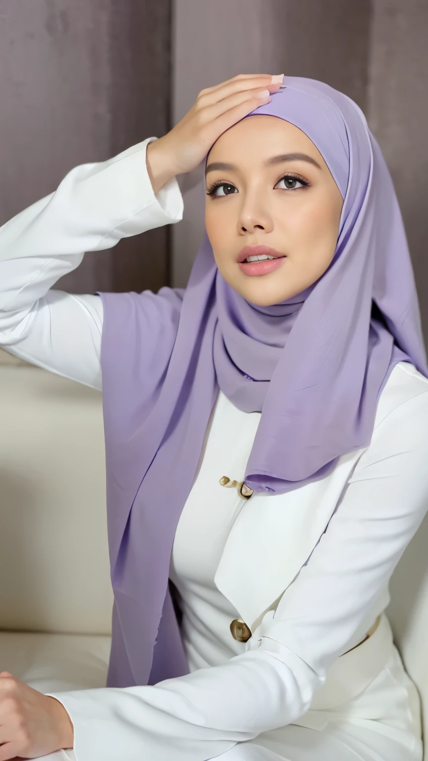 ((Realistic lighting, Best quality, 8K, Masterpiece: 1.3)), Clear focus: 1.2, 1 malay girl, Perfect body beauty: 1.4, Slim abs: 1.1, ((light purple hijab, Big breasts: 1.3)), (Wearing ultra-thin light purple transparent underwear: 1.4, light purple stockings: 1.2,), (Outdoor, night: 1.1), City streets, Super fine face, fine eyes, double eyelids, hands on the head, lying on the bed.