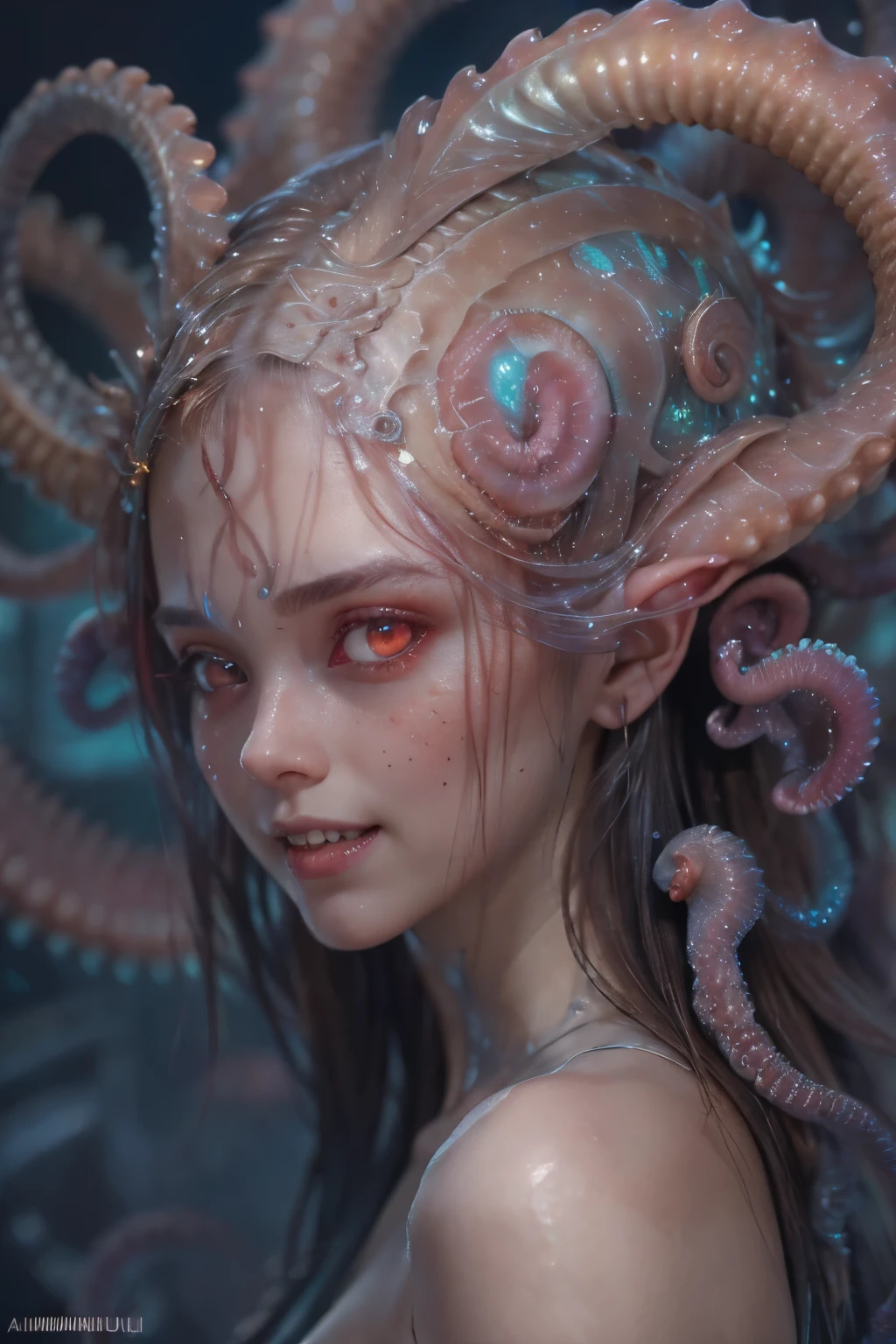 scary and sexy detailed art in color, Portrait, (beautiful and obscene female alien:1.4), (vulgarity1.5), (she has red eyes with no pupils:1.8), (Translucent skin:1.7), (There is a female genital-like organ in the middle of the forehead:1.9), (The most beautiful face in the history of the universe:1.2),an evil gaze that seduces, (large mouth:1.1), (sharp teeth like a vampire:1.2), Full body portrait, (bio luminescent:1.5), (Smile wickedly:1.3), (sexypose:1.5), alien, No humans, cells are fused, (Lots of translucent tentacles:1.3) extraterrestrial, cell, bio image, best quality, 8K,In 4K_quality, High freshness, Dramatic Lighting, masutepiece:1.5,cinematic quality, detail up, (exquisite details:1.2), high resolution, High freshness, drawing faithfully, (Thick eyebrows:1.2), Beautiful eyes with fine symmetry,(Highly detailed face and eyes:1.2), Intimate face, (Super detailed skin quality feeling:1.4), perfect anatomy, (Beautiful toned body:1.5), (Moist skin:1.2), not wearing makeup, (dark circles:1.1), long canines, cinematic drawing of characters, ultra high quality model, cinematic quality, detail up, (exquisite details:1.2), high resolution, High freshness, drawing faithfully, official art, Unity 8K Wall , 8K Portrait, best quality, Very high resolution, ultra detailed artistic photography, midnight aura, unreal engine 5, Ultra Sharp Focus, art by Amano Yoshitaka, ArtGerm, Roisch, intricate artwork, best quality, masterpiece, ultra high resolution, (photos realistic:1.4), ultra realistic realism, dream-like, nautilus, Creation of fantasy, Snail, Dream Snail, (biopunk nautilus:1.3),Thrilling color schemes, ultra realistic realism, seductively smiling, Blue tentacles,