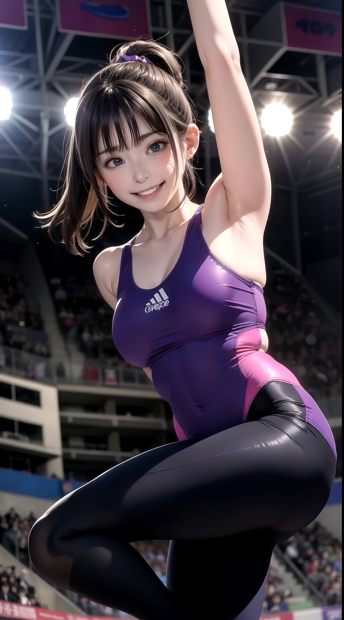 realistically、一名23岁of女孩、gymnast、increase、Wear purple tights、A smile appeared on his face、sports venue、of?