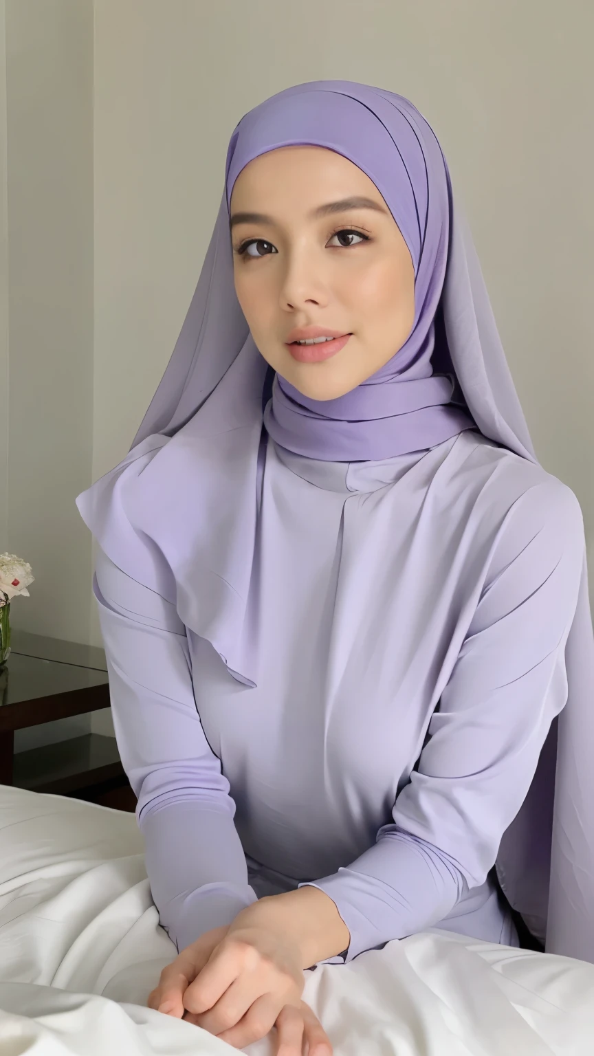 ((Realistic lighting, Best quality, 8K, Masterpiece: 1.3)), Clear focus: 1.2, 1 malay girl, Perfect body beauty: 1.4, Slim abs: 1.1, ((light purple hijab, Big breasts: 1.3)), (Wearing ultra-thin light purple transparent underwear: 1.4, light purple stockings: 1.2,), (Outdoor, night: 1.1), City streets, Super fine face, fine eyes, double eyelids, hands on the head, lying on the bed.