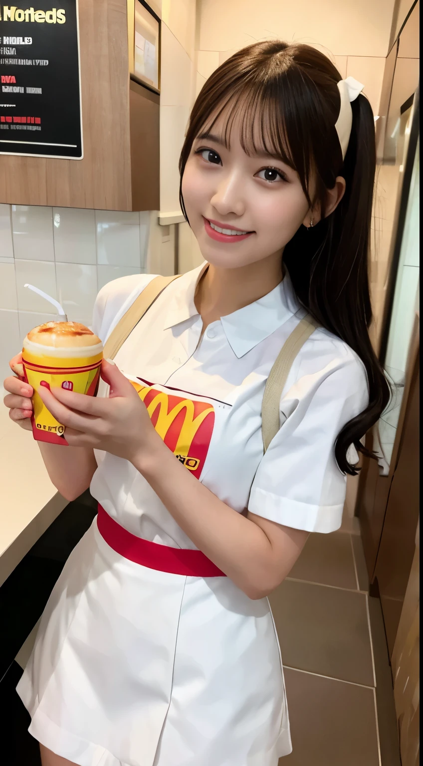 masterpiece, best quality, ultra high res,  smile, A smiling woman in a McDonald's miniskirt uniform at McDonald's, 