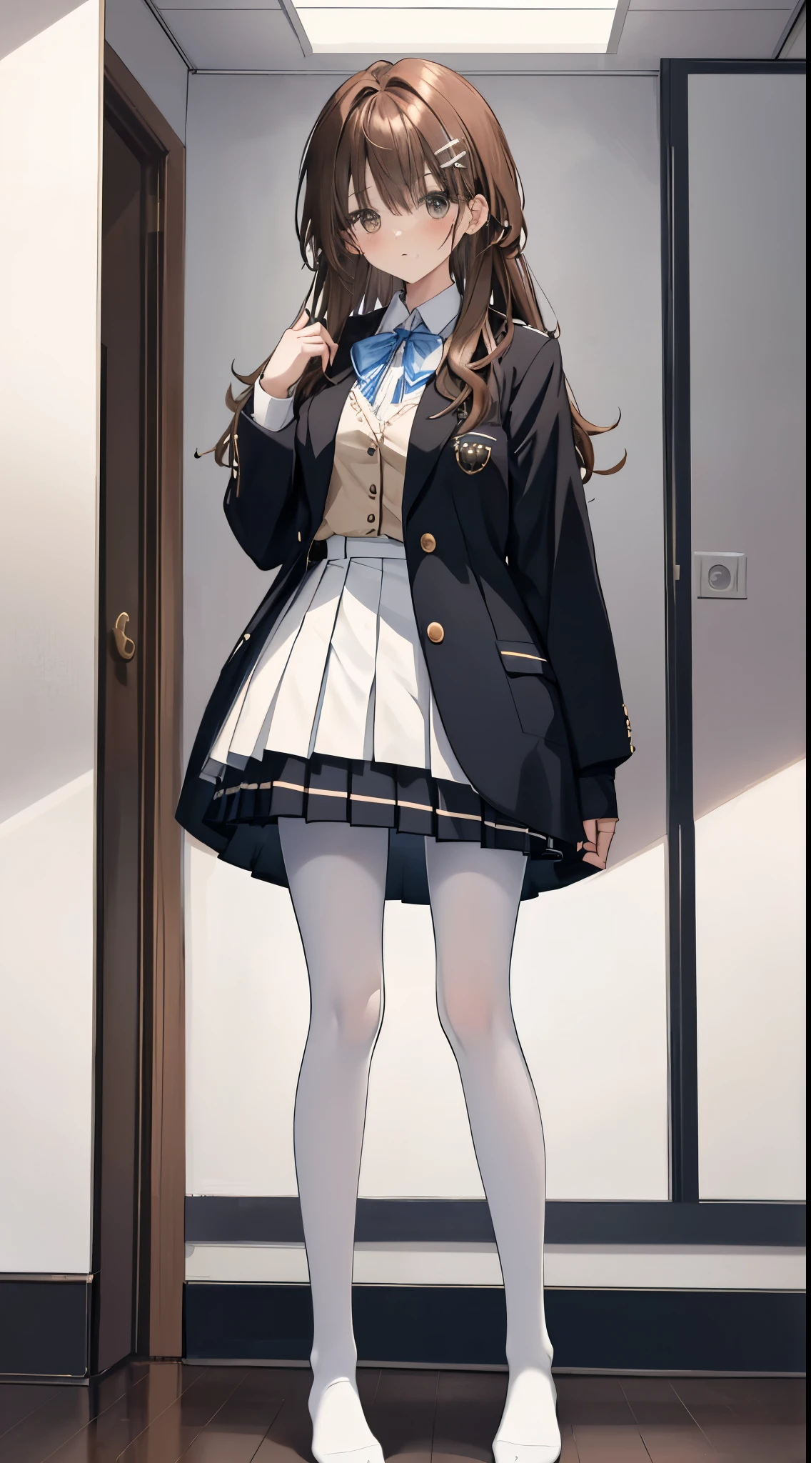 finest, masterpiece, High resolution, (full body), front, symmetrical, Mature tall high school girl, alone, (full body from head to toe), small breasts, long hair, slightly messy hair, (black tight track pantyhose), black pantyhose, composition showing white panties, slender beautiful legs, A very beautiful and tall  girl, ((not wearing shoes)) , shy big eyes, ( (brown hair)), (bangs), messy hair, (hair clip), looking at camera, showing white panties, white ruffle lingerie, high school uniform blazer, high school uniform white blouse, High school uniform with blue ribbon, high school uniform with 短い plaid pattern and navy pleated skirt