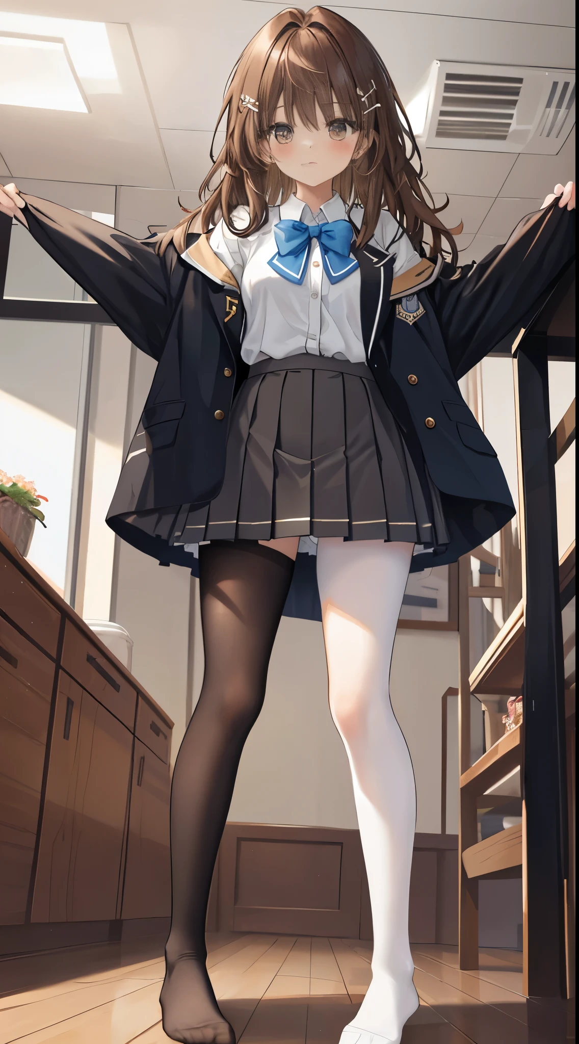 finest, masterpiece, High resolution, (full body), front, symmetrical, Mature tall high school girl, alone, (full body from head to toe), small breasts, long hair, slightly messy hair, (black tight track pantyhose), black pantyhose, composition showing white panties, slender beautiful legs, A very beautiful and tall  girl, ((not wearing shoes)) , shy big eyes, ( (brown hair)), (bangs), messy hair, (hair clip), looking at camera, showing white panties, white ruffle lingerie, high school uniform blazer, high school uniform white blouse, High school uniform with blue ribbon, high school uniform with 短い plaid pattern and navy pleated skirt