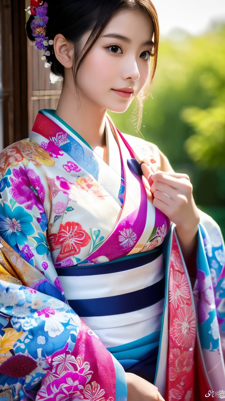 (masterpiece, highest quality, Super detailed:1.3), perfect composition, 4k, (very detailed, very detailed), soft lighting, born, HDR, 8K textures, extreme detail, High detailed skin texture, epic detail, High sharpness, 1 girl, , (skinny), Here is the image of a beautiful 20-year-old Japanese woman in a colorful and elegant furisode kimono, celebrating her coming of age.