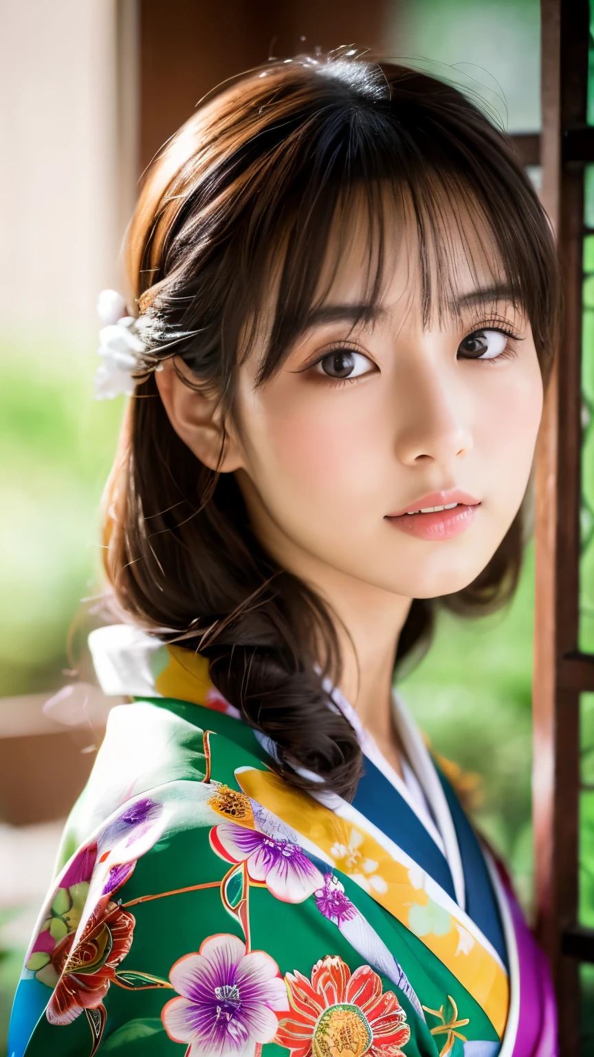 (masterpiece, highest quality, Super detailed:1.3), perfect composition, 4k, (very detailed, very detailed), soft lighting, born, HDR, 8K textures, extreme detail, High detailed skin texture, epic detail, High sharpness, 1 girl, , (skinny), Here is the image of a beautiful 20-year-old Japanese woman in a colorful and elegant furisode kimono, celebrating her coming of age.