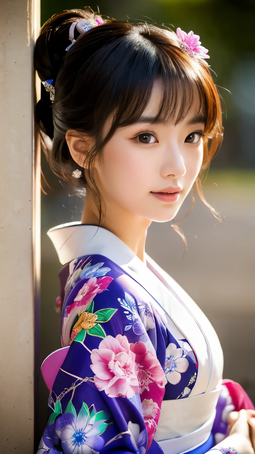 (masterpiece, highest quality, Super detailed:1.3), perfect composition, 4k, (very detailed, very detailed), soft lighting, born, HDR, 8K textures, extreme detail, High detailed skin texture, epic detail, High sharpness, 1 girl, , (skinny), Here is the image of a beautiful 20-year-old Japanese woman in a colorful and elegant furisode kimono, celebrating her coming of age.