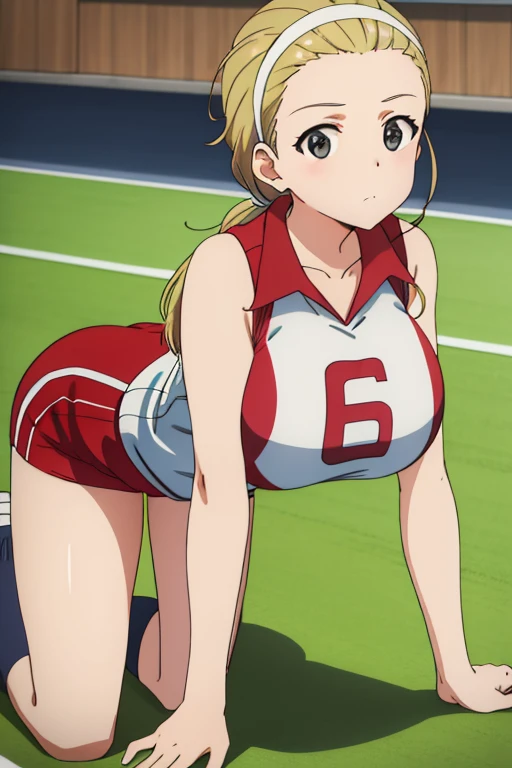 akebivol, hairband, volleyball uniform, sleeveless shirt, shorts, huge breast, all fours, breast focus, looking at viewer, gym