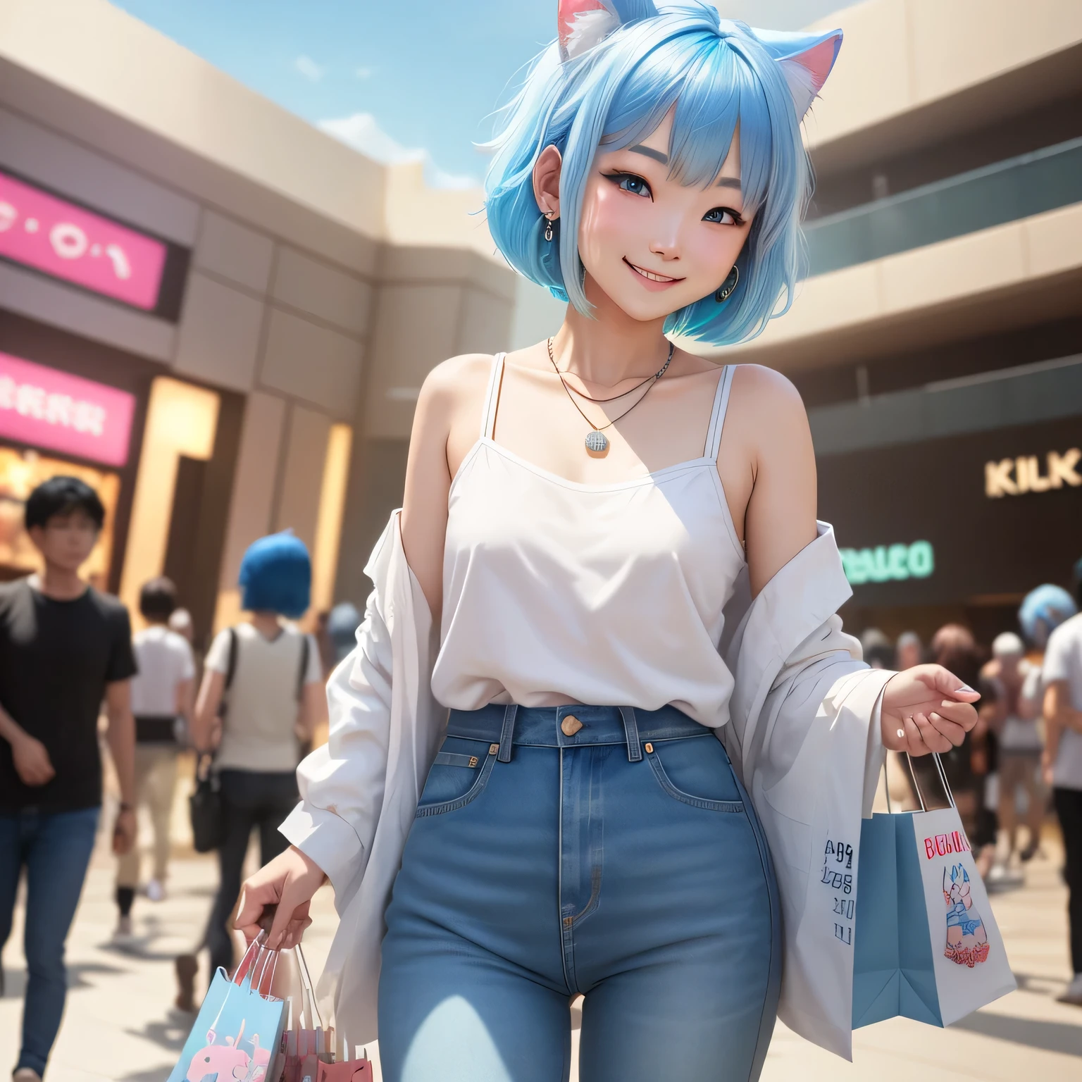 (8k, HDR, RAW photo, best quality, masterpiece:1.2, realistic lighting), medium shot view, korean girl, solo, grinning smile, wear plain white shirt, jeans, (bob cuts hair), ((sky blue hair)), (messy hair), path traced hair, (sky blue cat ears), ((sky blue eyes)), beauty eyes, (thin face), (flat chest), (small breasts), (mall:1.3), go shopping, drinking boba, look up, upper body.