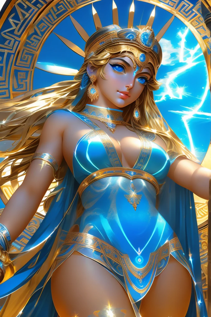 Cleopatra, metallic heroic costume covering the entire body, holding golden sword, golden and blue lights in aura, dynamic pose, ocean blue background