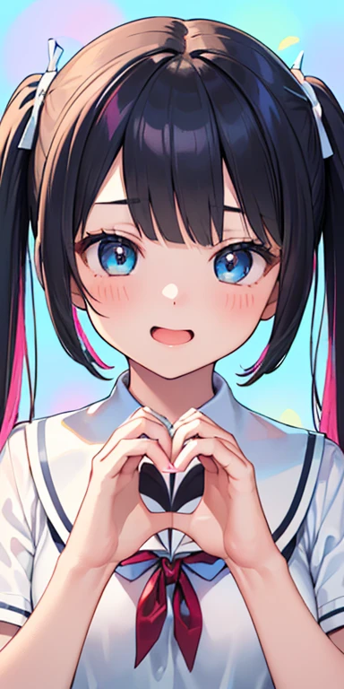 baby face, (colorful fluorescence multicolored  hair:1.5,short twintails:1.5), (masterpiece, sidelights, exquisite beautiful eyes: 1.5), masterpiece*portrait, realistic, ((Colorful background of different colors:1.5)),colorful,3D face,(cute face),front view: 1.6、 (glowing blue eyes),plump face:1.5,(tareme:1.5)、(laugh with your mouth wide open:1.2),()、Rosy Mouth,Slim Body, shiny hair, shiny skin: 1.5、medium breasts,、solo,(stand)、(high school girl,school uniform)、(charactor focus:1.5、portlate:1.5、eye focus:1.5,upper body),(heart hands:1.5)