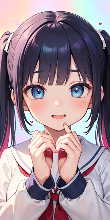 , (colorful fluorescence multicolored hair:1.5,short twintails:1.5), (masterpiece, sidelights, exquisite beautiful eyes: 1.5), masterpieceportrait, realistic, ((Colorful background of different colors:1.5)),colorful,3D face,(cute face),front view: 1.6、 (glowing blue eyes),plump face:1.5,(tareme:1.5)、(laugh with your mouth wide open:1.2),()、Rosy Mouth,Slim Body, shiny hair, shiny skin: 1.5、medium breasts,、solo,(stand)、(high school girl,school uniform)、(charactor focus:1.5、portlate:1.5、eye focus:1.5,upper body),(heart hands:1.5)