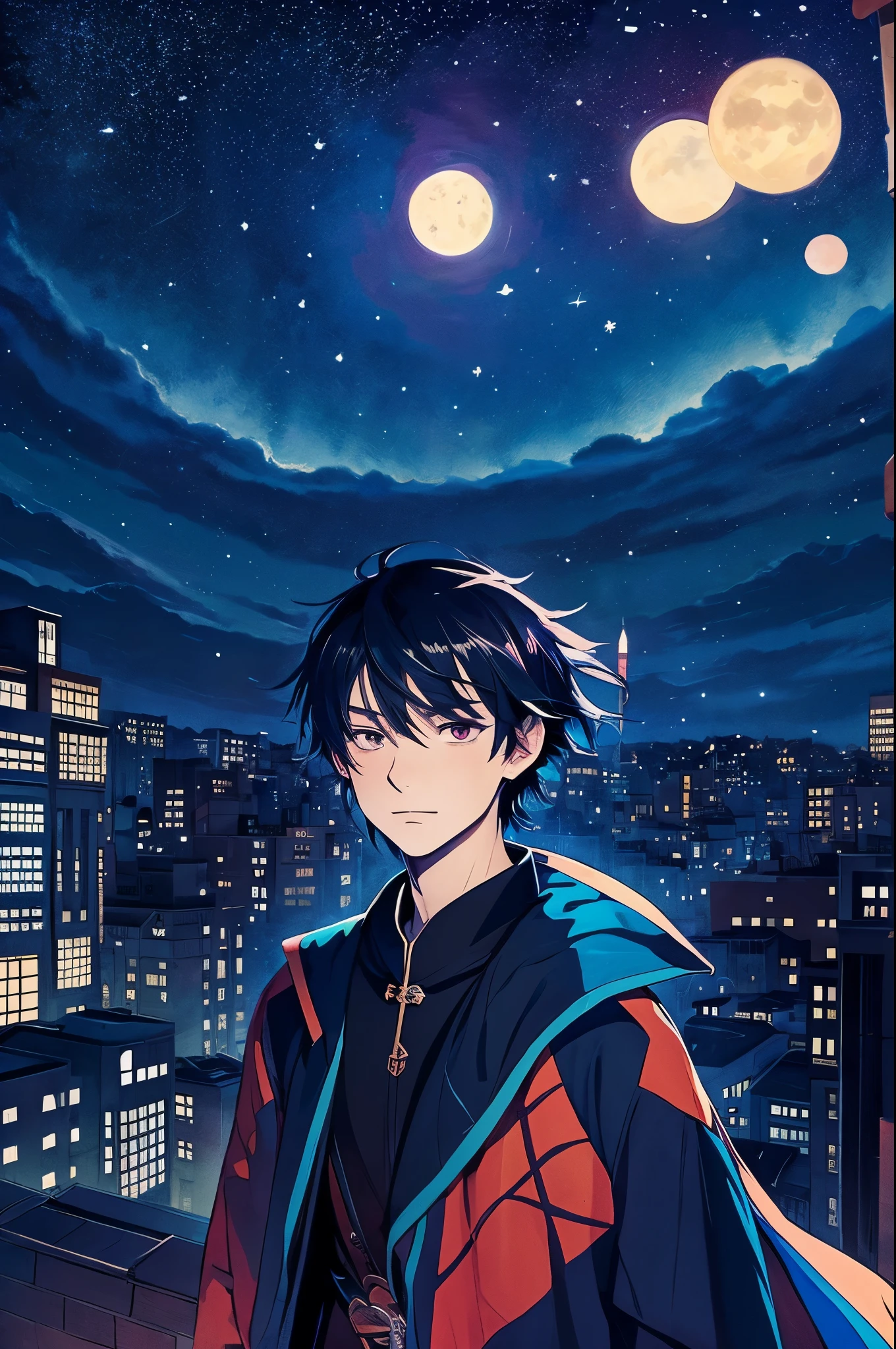 Two dimensions,	１９old boy, midnight, An illustration、Japanese、  night sky、 Like an anime character、　beautiful boy、　fantasy、　Like a Genshin character、　looking diagonally above、　His right hand is extended here.、　illuminated by a faint light、　In town、　wearing a jacket