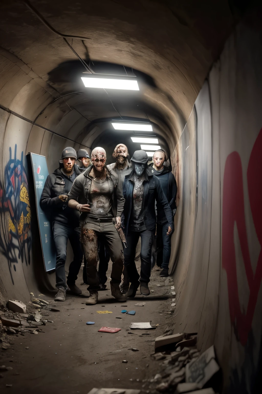 hyper ultra realistic photographs full body of A graffiti-covered subway tunnel echoes with the shuffling moans of a zombie horde. Their eyes, like glowing embers, illuminate the dank walls adorned with cryptic symbols and faded advertisements.. ratio 16:9, 4k, 8k resolution, High quality photo, high detailed, imagesharp focus, Cinematic lighting,hyperdetailed & Unreal engine, detail, realism, photography,cinematography, camera NIKON, lens NIKKOR flagship, masterpiece. hyper-maximalism, ultradetailed photorealistic, light skin imperfections, final render, vray
