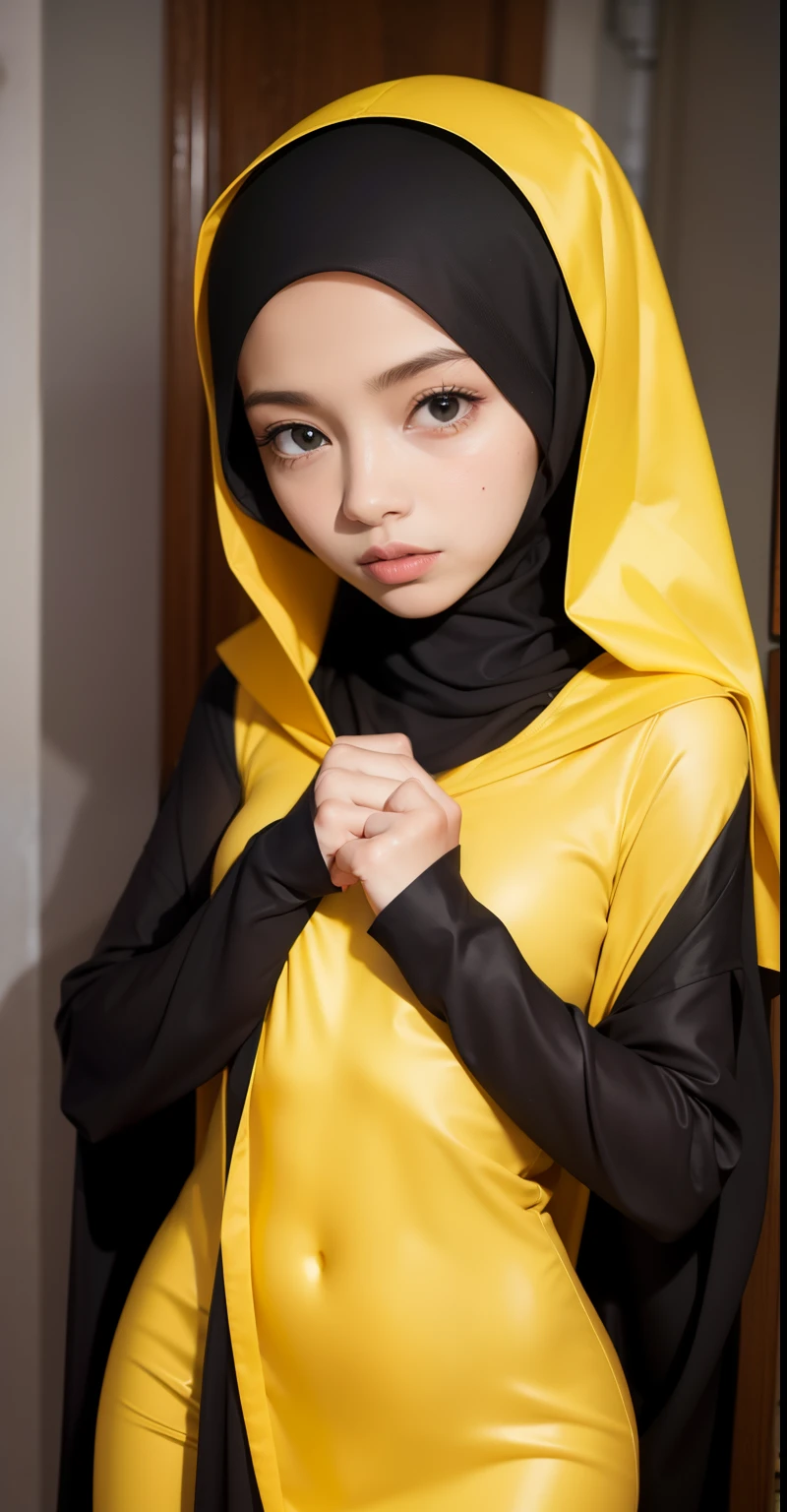 (HIJAB girl), Skinny yellow satin hijab girl naked (DARK SHINY SKIN), SADNESS ,