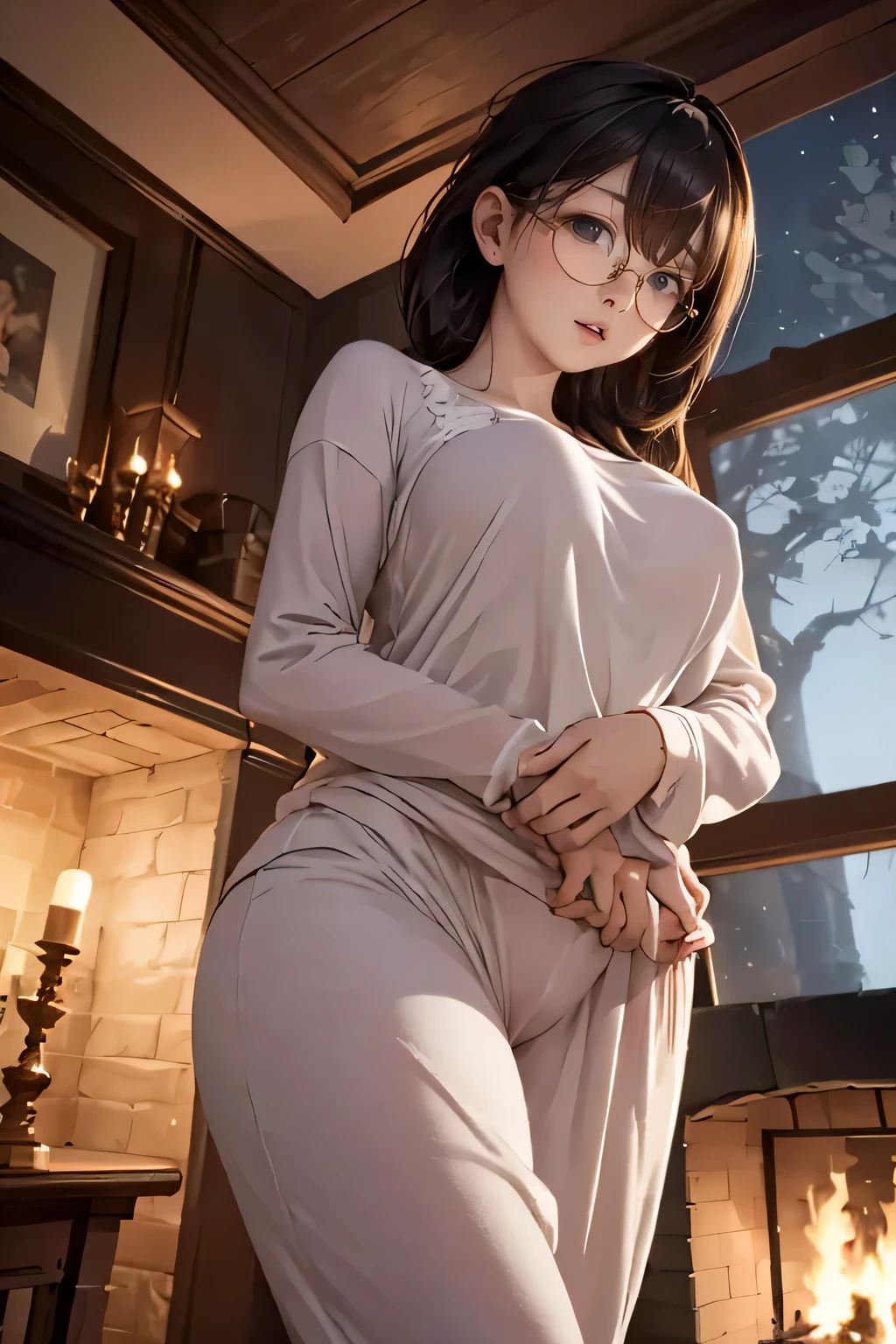 (a woman wearing loungewear, round face), she gently touched her crotch over her clothes, open eyes slightly, (drooping eyes, angle from below, realistic skin) window has a night view, fireplace, thin rim glasses, she having a book,