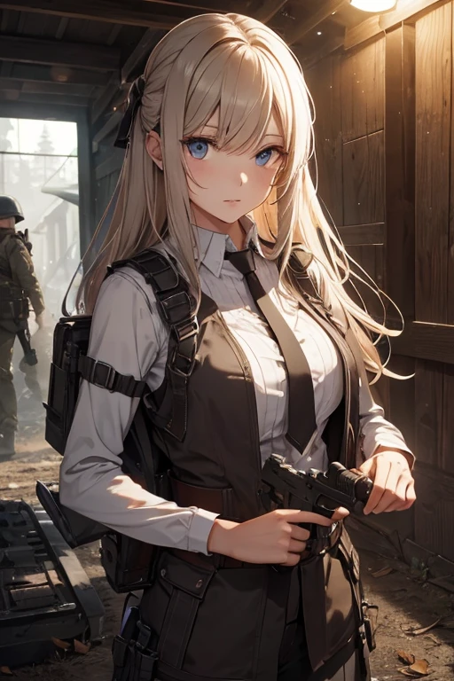 woman, lead hair, perfect face, alone, high quality, bloody hands, atmosphere of war, military vest