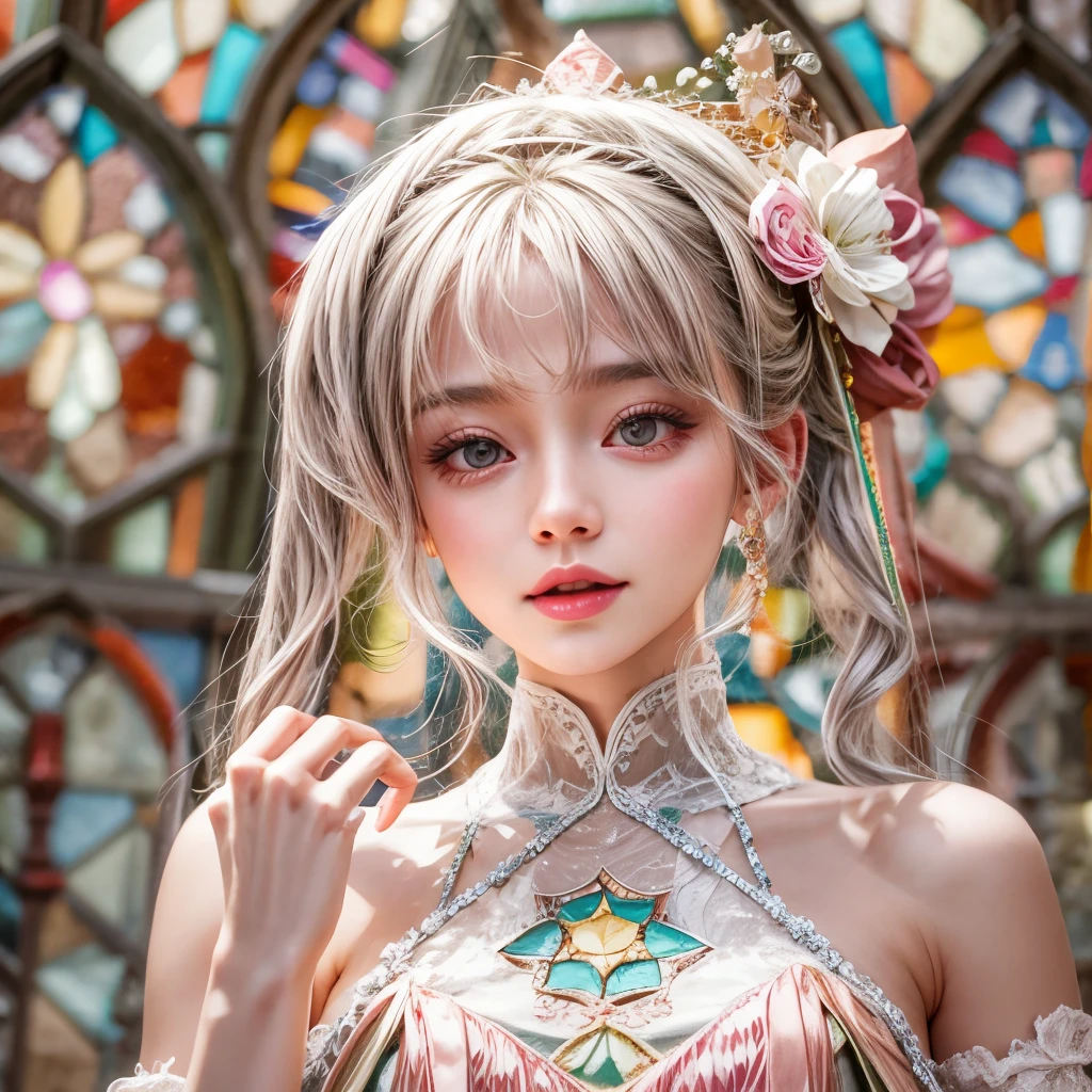 Tiny junior idol in WHITE and Delicate lace clothes, Glossy RED lips and tongue, (Exposed:0.9), (nipple:-0.9), { Cute lips closeup | Dynamic-angle }, ((Dazzling stained glass Background)), (( colorful Light shines through stunning elaborate stained glass:1.2)), vivid Red colors . ((Acutance:0.8, physically-based rendering)), (masterpiece:1.2), (ultra-detailed:1.35), (realistic, photorealistic, ((photo-realistic:1.37))with touch of rawness) . (((Renbutsu Misako))), (Extremely detailed KAWAII face variations, expression variations),  detailed eyes with sparkling highlights, captivating gaze, long eyelashes, subtle blush on the face, rosy cheeks, impeccable skin texture . { full of flowers covering girl's body | Mystic sight | haze | Light Particle | Lens Particle | Lens Flare | Dazzling Halo } . (((large eyes:-0.9, not Detailed fingers:-0.9))) .