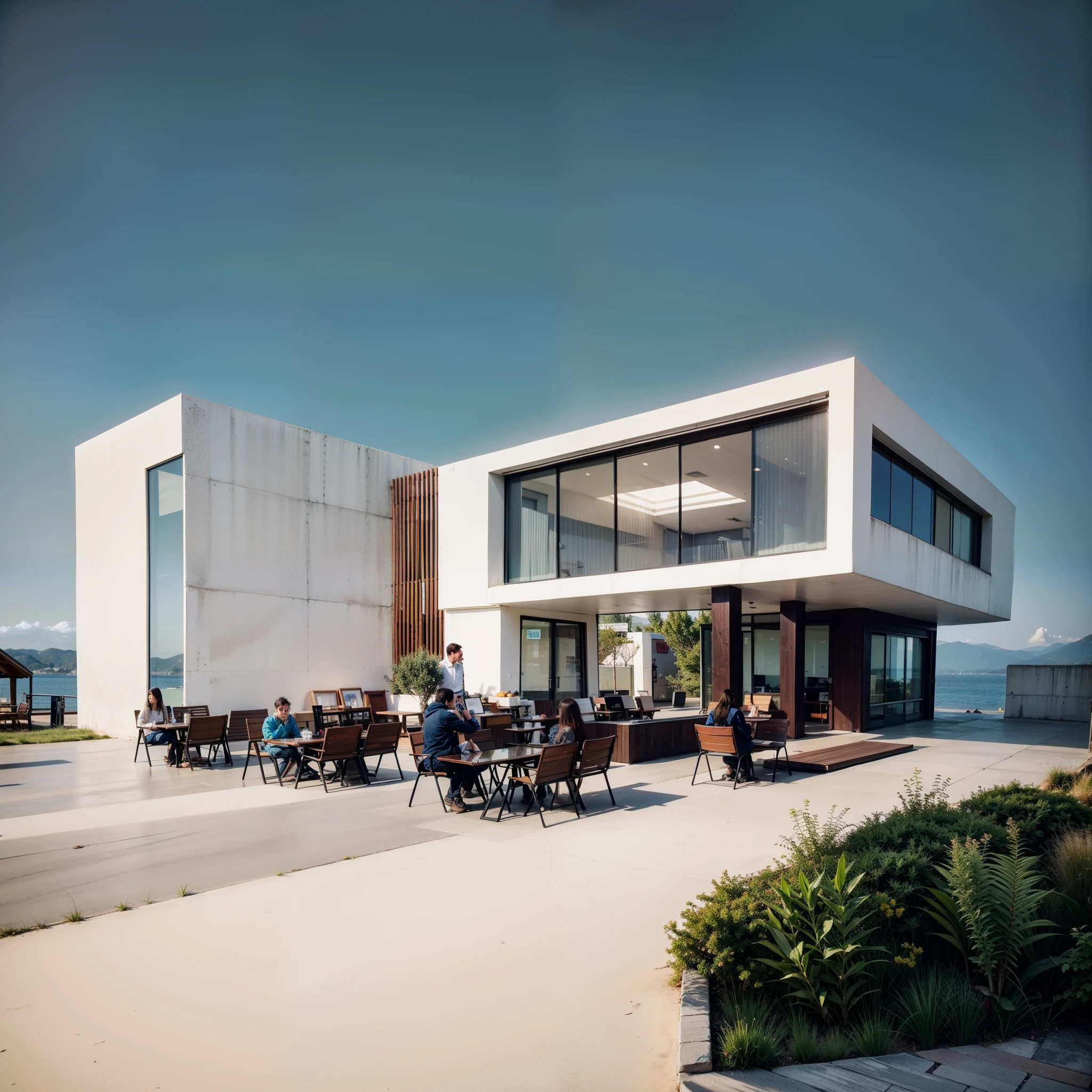 (((masterpiece))),((best quality)),屡获殊荣的building appearance设计，building appearance，at dusk，（（coffee shop）），coffee shop,commercial cafe，Glass,cementitious , concrete floor，aluminum，asphalt road，grassland, Dusk rendering，Ray tracing, The content  very detailed，Surreal，Super real