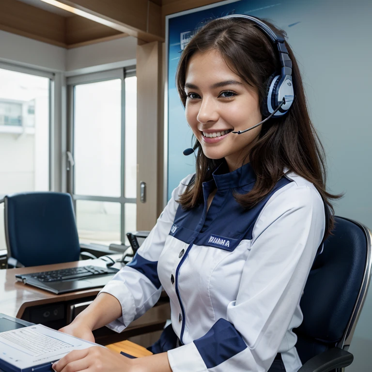 female, customer service, headset, work desk, photo realistic, perfect face, white and blue navy uniform, yamaha theme, smiling