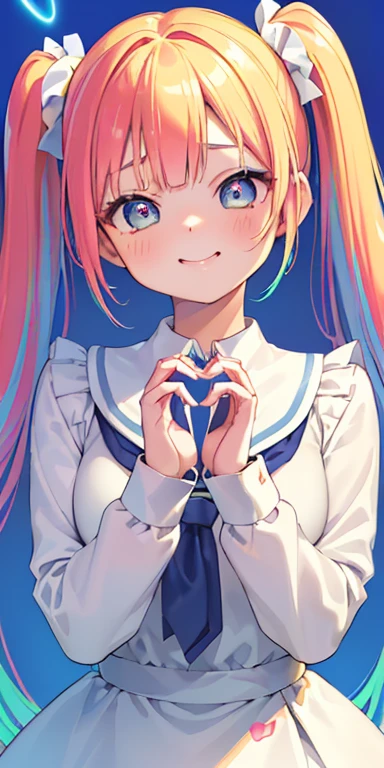 baby face, (colorful fluorescence multicolored  hair:1.5,short twintails:1.5), (masterpiece, sidelights, exquisite beautiful eyes: 1.5), masterpiece*portrait, realistic, ((Colorful background of different colors:1.5)),colorful,3D face,(cute face),front view: 1.6、 (glowing blue eyes),plump face:1.5,(tareme:1.5)、(laugh with your mouth wide open:1.2),()、Rosy Mouth,Slim Body, shiny hair, shiny skin: 1.5、medium breasts,、solo,(stand)、(high school girl,school uniform)、(charactor focus:1.5、portlate:1.5、eye focus:1.5,upper body),(heart hands:1.5)
