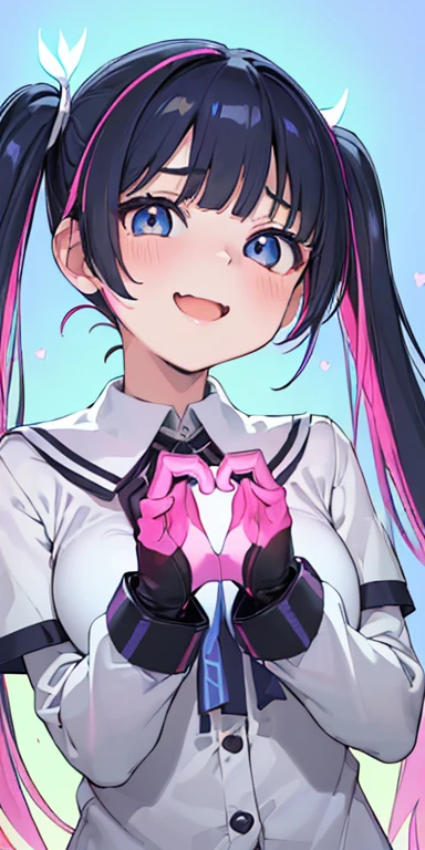 baby face, (colorful fluorescence multicolored hair:1.5,short twintails:1.5), (masterpiece, sidelights, exquisite beautiful eyes: 1.5), masterpiece*portrait, realistic, ((Colorful background of different colors:1.5)),colorful,3D face,(cute face),front view: 1.6、 (glowing blue eyes),plump face:1.5,(tareme:1.5)、(laugh with your mouth wide open:1.2),()、Rosy Mouth,Slim Body, shiny hair, shiny skin: 1.5、medium breasts,、solo,(stand)、(high school girl,school uniform)、(charactor focus:1.5、portlate:1.5、eye focus:1.5,upper body),(heart hands:1.5)
