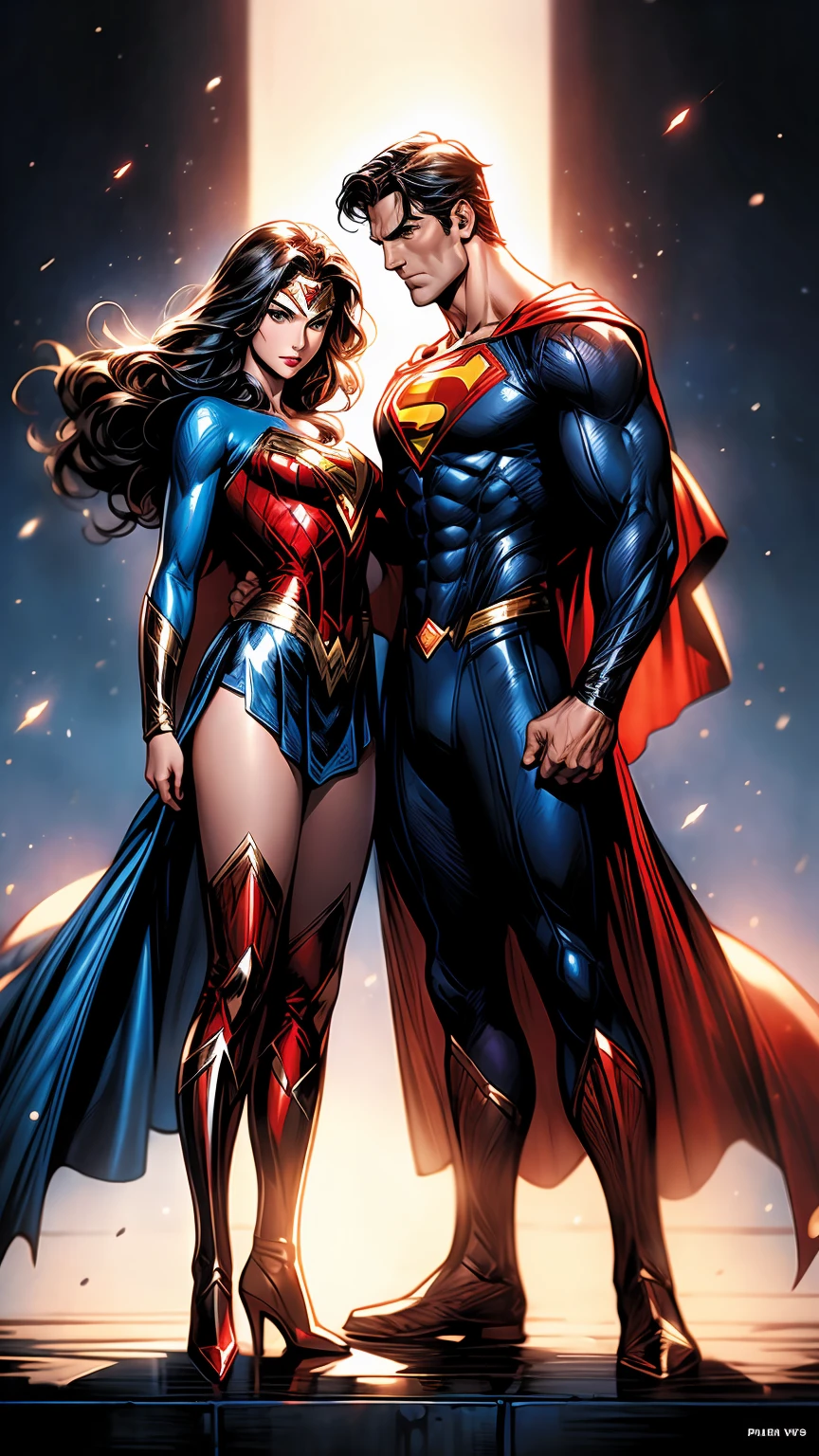 a superman and wonder woman standing next to each other, dc comics, dc comic, blu ray cover usa, comic book's cover, phil noto comicbook cover art, neal adams | centered, comic book cover art, comic book:.2, by Jim Lee, comic cover, style of dc comics, cover art of graphic novel, comic cover art