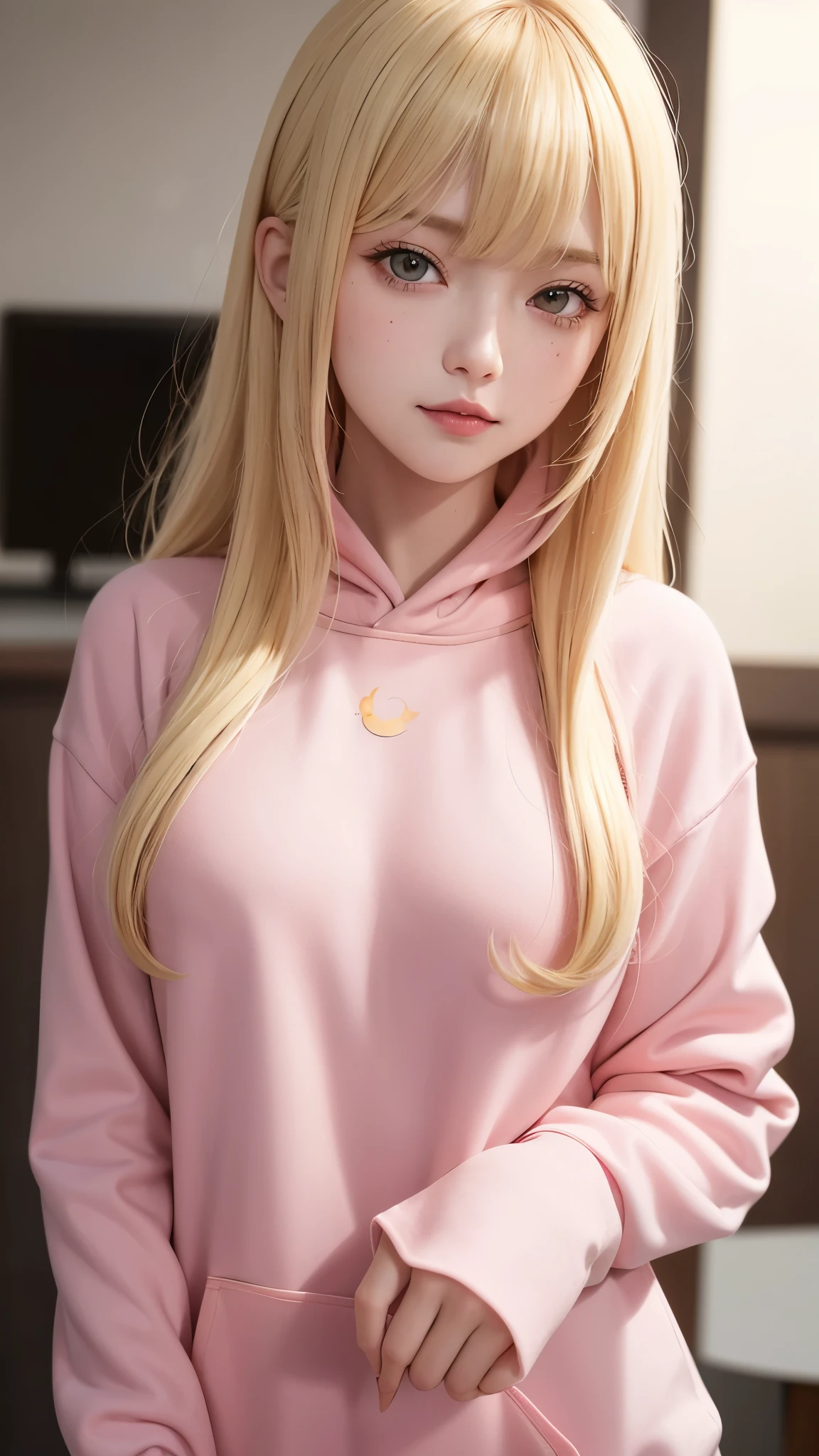 1woman, blonde hair, smirk, flat bangs, hair down, red eyes, angry flat stare, smile,long pink hoodie, yellow left sleeve, white right sleeve, beauty mark beside left eye, cyan hair pin, cute face, masterpiece, high res, sweating