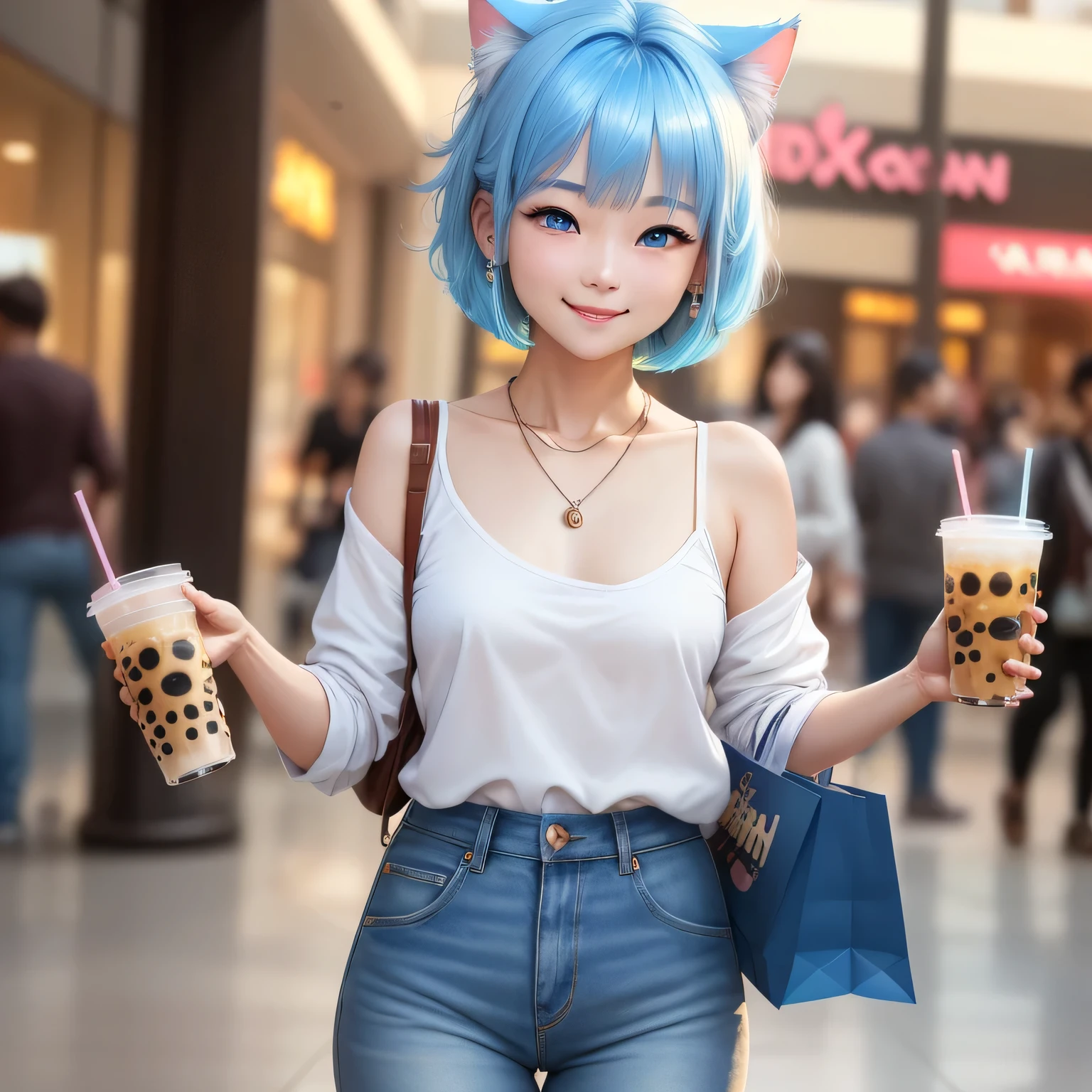 (8k, HDR, RAW photo, best quality, masterpiece:1.2, realistic lighting), Overhead view, Dynamic angle, korean girl, solo, grinning smile, blush, wear plain white shirt, necklaces, earrings, jeans, (bob cuts hair), ((sky blue hair)), (messy hair), path traced hair, (sky blue cat ears), ((sky blue eyes)), beauty eyes, (thin face), (flat chest), (small breasts), (mall:1.3), go shopping, holding boba, drinking boba, look up, upper body.